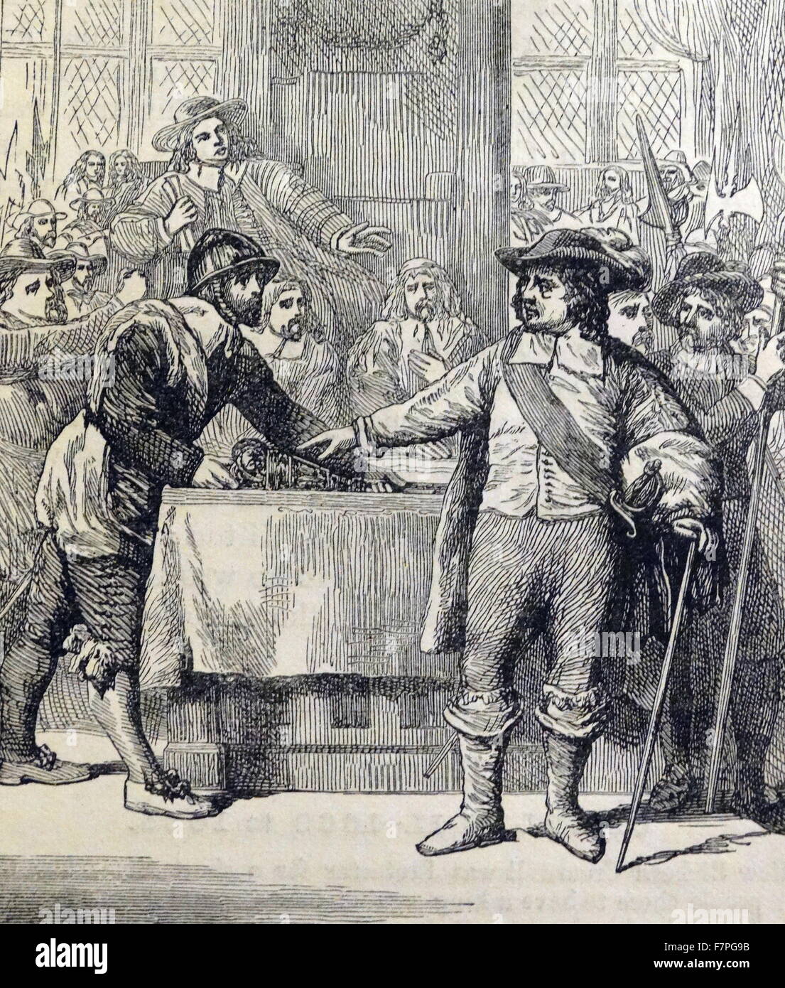 Oliver Cromwell (1599 – 1658) wies der Bürzel Parlament von England am 20. April 1653, mit Gewalt. Cromwell war englischer militärischer und politischer Führer und späteren Lord Protector des Commonwealth of England, Schottland und Irland. Stockfoto