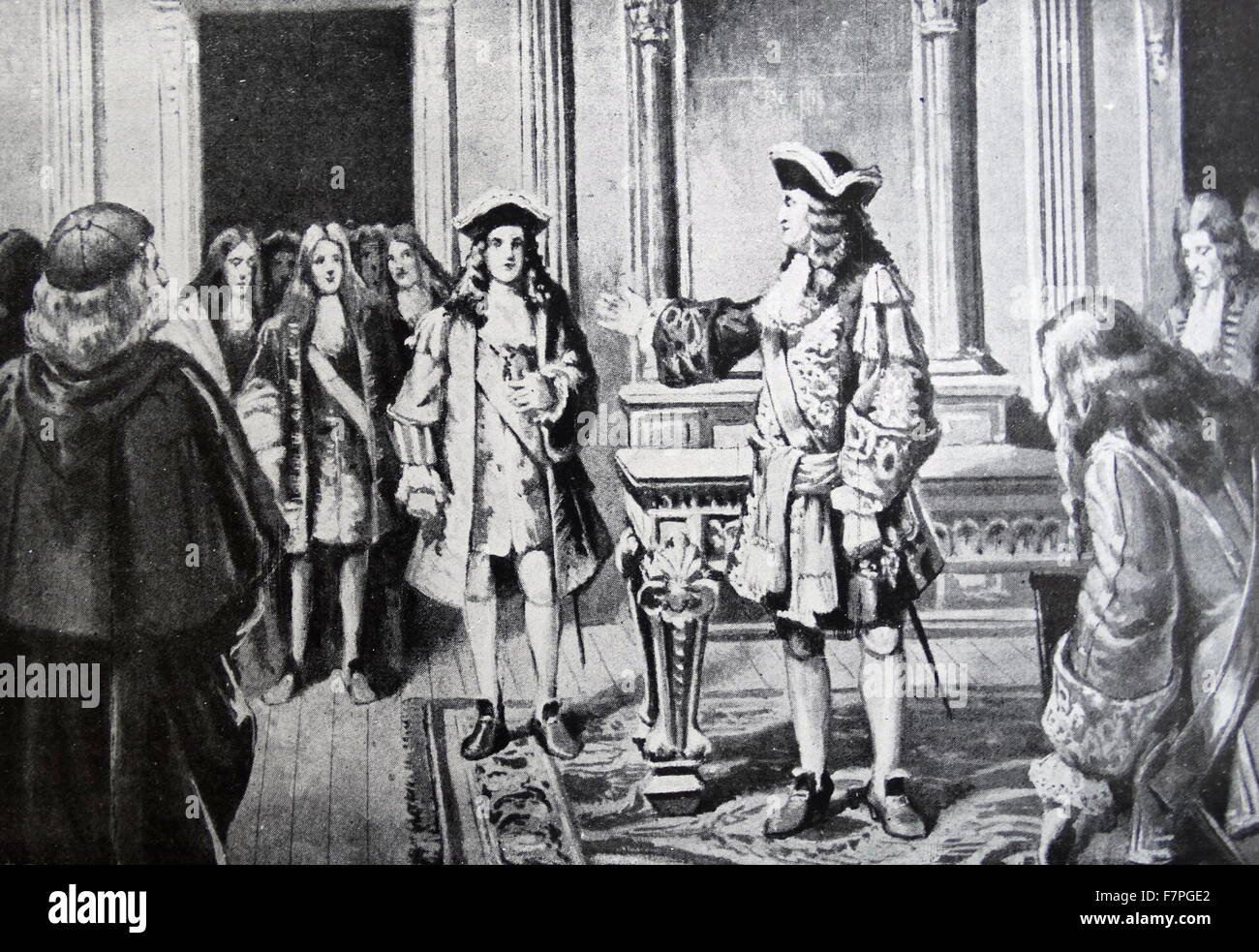 König Ludwig XIV. von Frankreich erhält der spanische König Felipe V Phillip V) Stockfoto