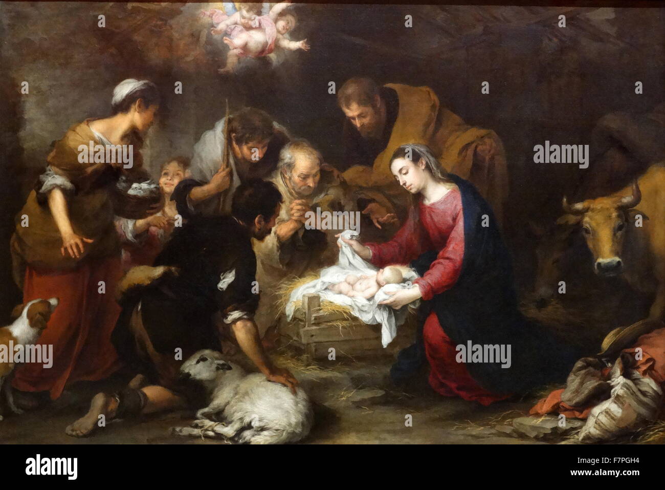 Gemälde mit dem Titel "Die Anbetung der Hirten" von Bartolomé Esteban Murillo (1618-1682) spanischen Barock Maler. Vom 17. Jahrhundert Stockfoto