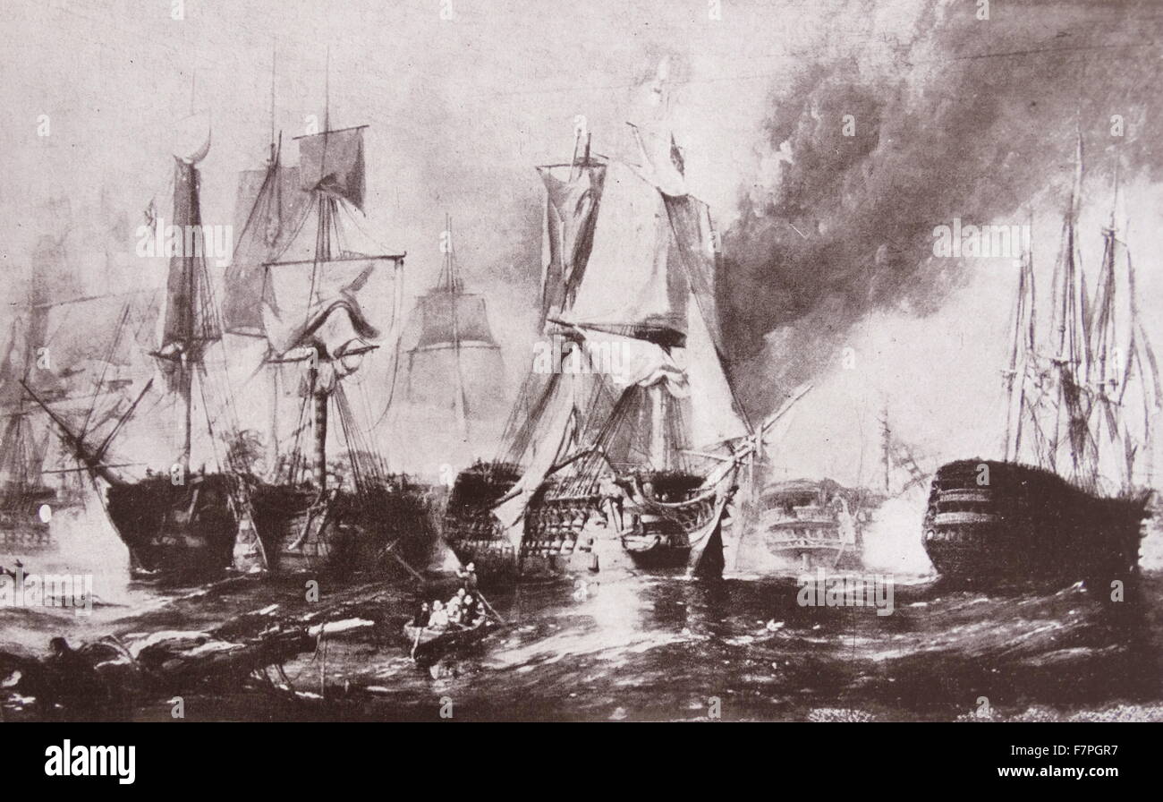 Die Schlacht von Trafalgar (21. Oktober 1805) war ein Marine Engagement kämpfte von der Royal Navy gegen die kombinierten Flotten der französischen und spanischen Flotten während des Dritten Koalitionskrieges (August – Dezember 1805) der napoleonischen Kriege (1803 – 1815). Die Schlacht war die entscheidenden Seesieg des Krieges Stockfoto