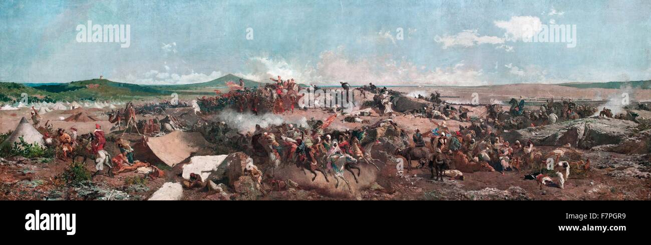 La Batalla de Tetuan in 1864, durch (Mariano) Marià Fortuny (1838 – 1874) gemalt. Die Schlacht von Tetuan wurde im Jahre 1860, in der Nähe von Tetuan, Marokko, zwischen einer spanischen Armee schickte nach Nordafrika und der Stammes-Soldaten der marokkanischen Armee gekämpft. Die Schlacht war Teil der Spanisch-marokkanischen Krieg von 1859-1860. Stockfoto