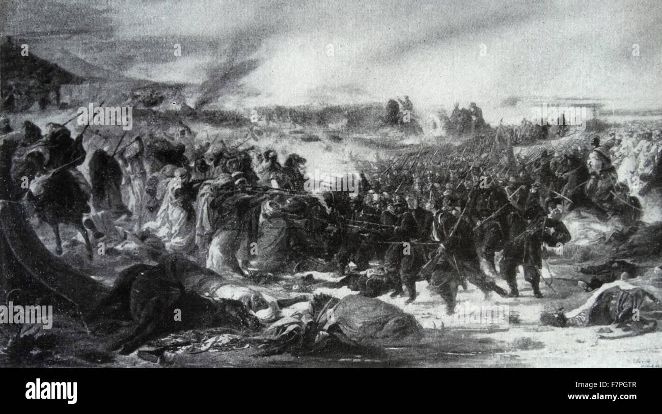 La Batalla de Tetuan in 1860, in der Nähe von Tetuan, Marokko, zwischen einer spanischen Armee schickte nach Nordafrika und der Stammes-Soldaten der marokkanischen Armee gekämpft. Die Schlacht war Teil der Spanisch-marokkanischen Krieg von 1859-1860. Stockfoto