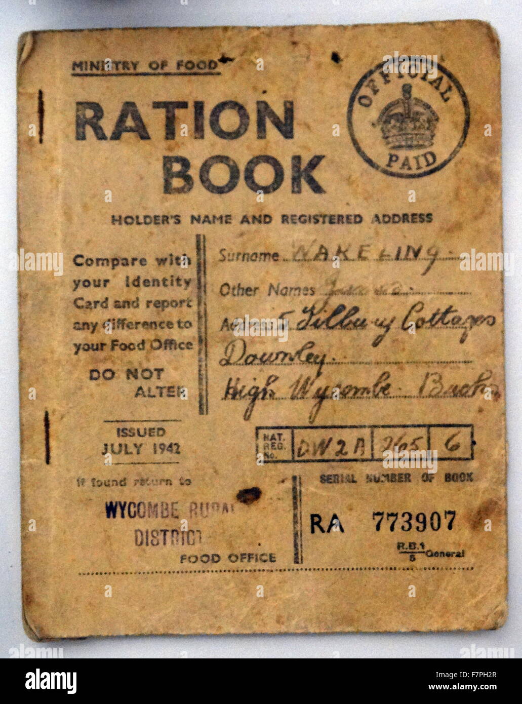 Ration Buch aus dem zweiten Weltkrieg. Vom 1942 Stockfoto