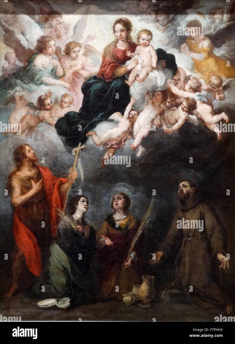 Gemälde mit dem Titel "The Virgin in Herrlichkeit mit Heiligen anbeten" von Bartolomé Esteban Murillo (1618-1682) spanischen Barock Maler. Vom 17. Jahrhundert Stockfoto