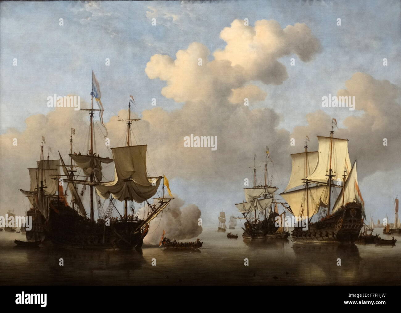 Gemälde mit dem Titel "A niederländische Kriegsschiff salutieren" von Willem van de Velde des jüngere (1633-1707) niederländische Marine Malers. Vom 17. Jahrhundert Stockfoto