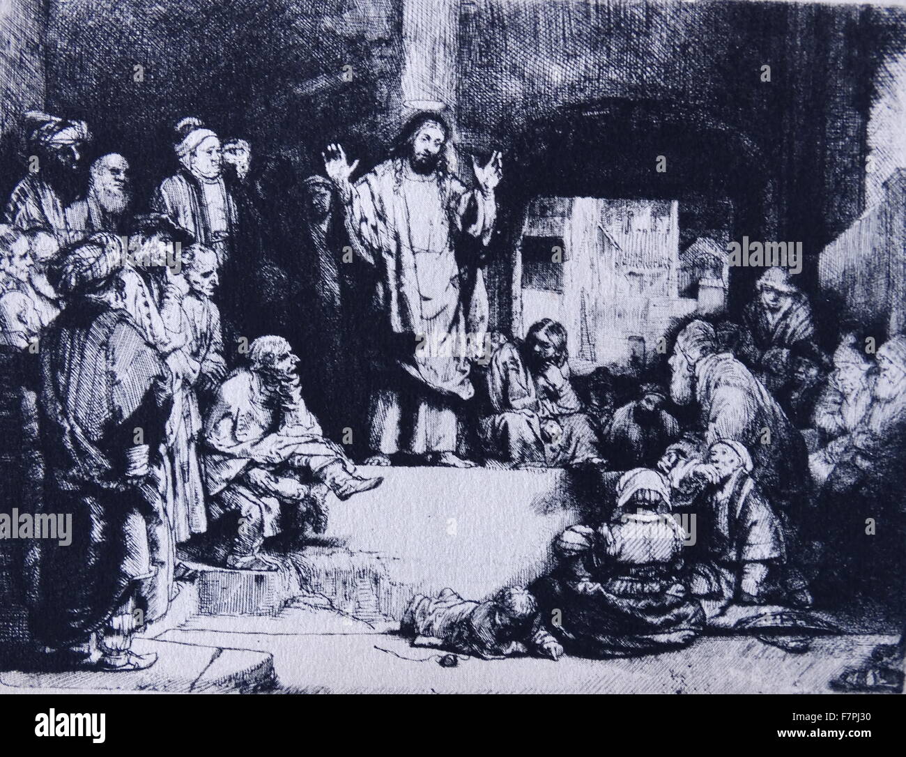 Radierung mit dem Titel "Christus predigen" von Rembrandt Harmenszoon van Rijn (1606-1669), niederländischer Maler und Radierer. Vom 17. Jahrhundert Stockfoto