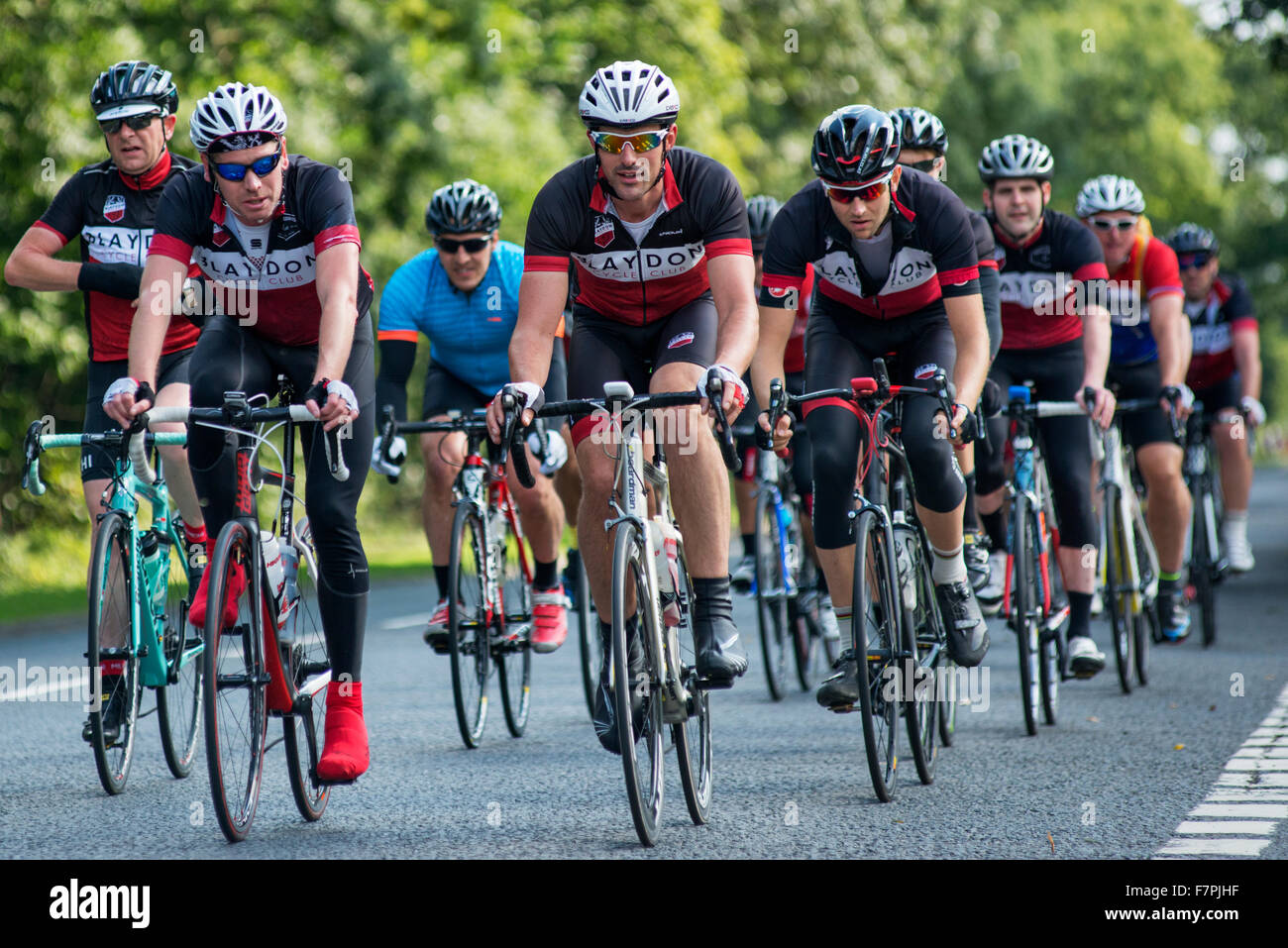 Fahrer im Jahr 2015 Tour of Britain Fahrrad Straßenrennen Reiten durch Hexham, Northumberland, England Stockfoto