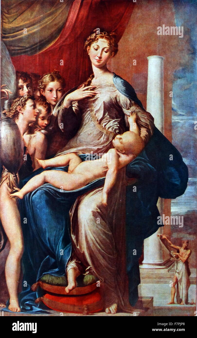 Gemälde mit dem Titel "Die Madonna mit dem Langhals" von Parmigianino, (1503-1540) italienische manieristische Maler und Grafiker. Datiert aus dem 16. Jahrhundert Stockfoto