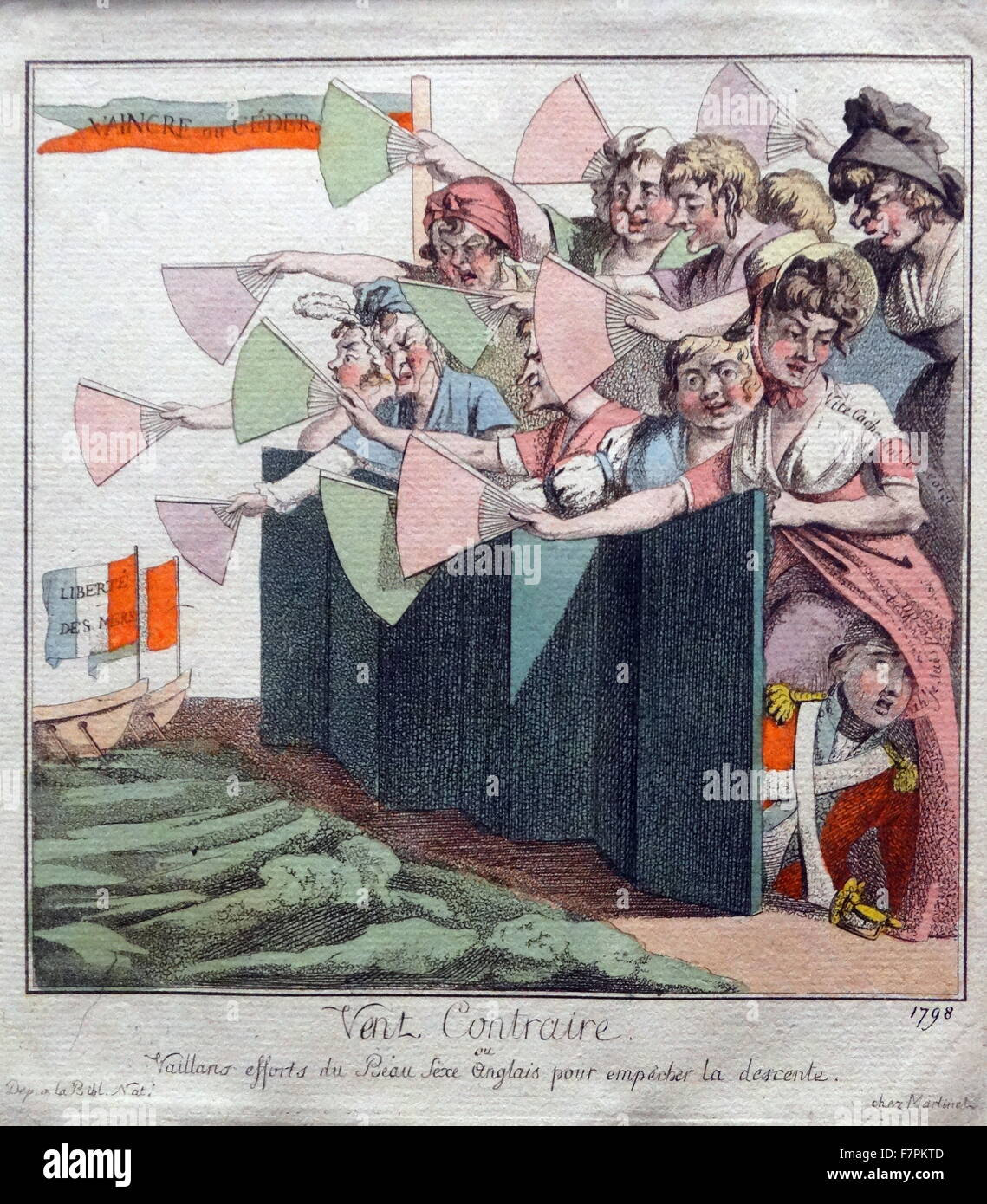Handkolorierten Radierung mit dem Titel "Vent Contraire" herausgegeben von Aaron Martinet. Der Druck zeigt eine Gruppe von Superleistung hinter einem Paravent winkt ihren Fans in einem Versuch, die Landung der französischen Flotte zu verhindern. Datiert 1803 Stockfoto