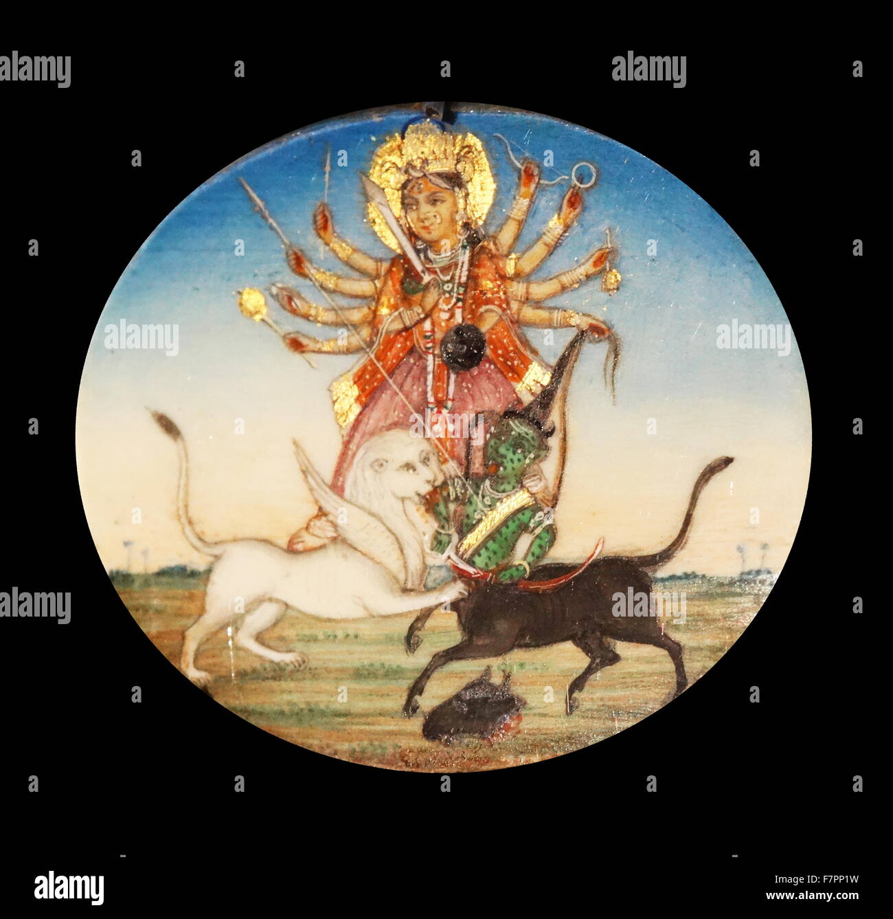 Hindu-Gottheit Durga tötet den Büffel Dämon. Aus einer Sammlung von Rondelle von Hindu-Gottheiten. Gouache auf Elfenbein mit Bleistift, Indisch, 19. Jahrhundert. Stockfoto