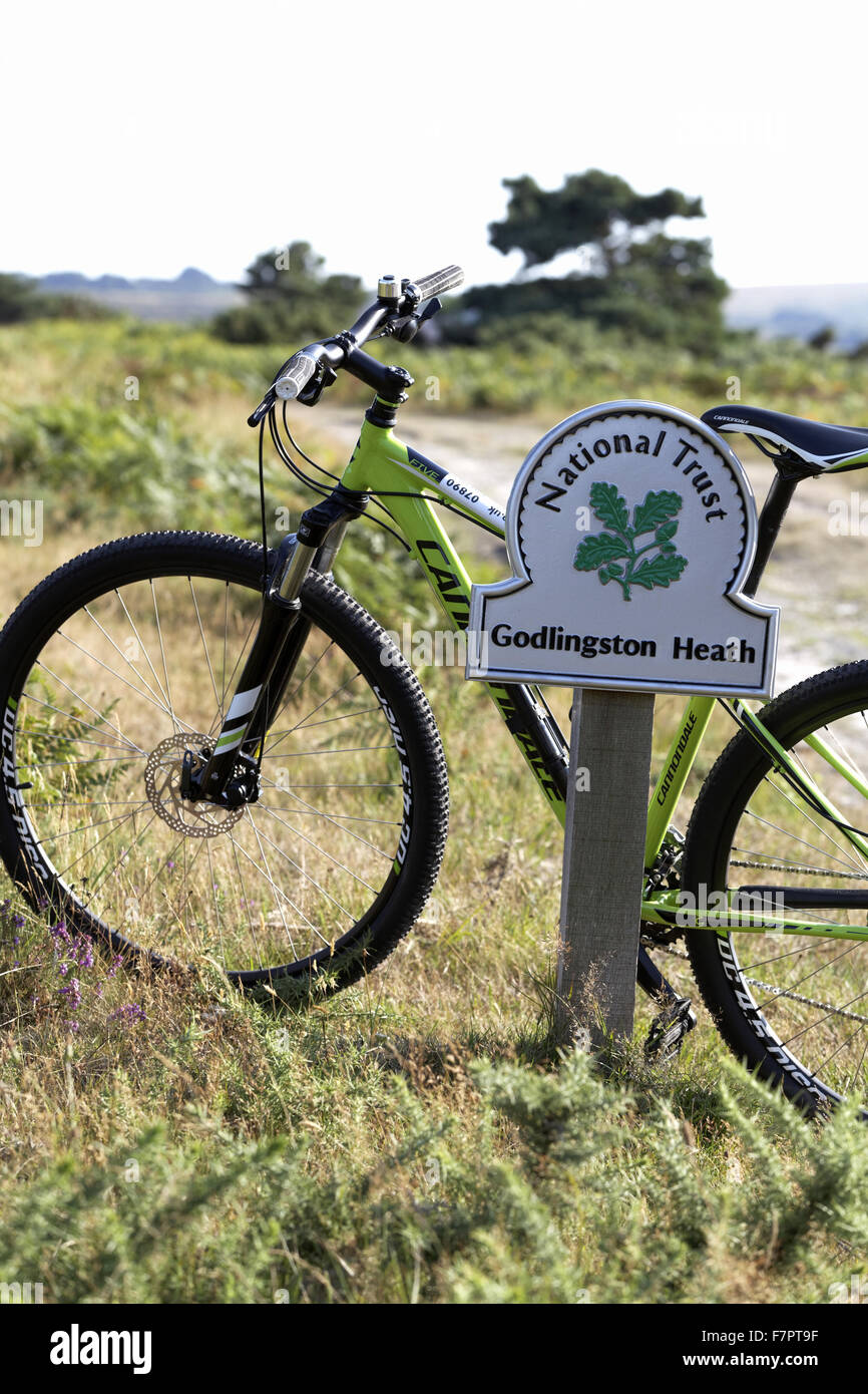 Fahrrad gelehnt ein Zeichen für Godlingston Heath auf der Grünlandflächen Track, Studland, Dorset, Teil der Rempstone Ride-Radroute. Es gibt mehr als 54 Meilen von Wanderwegen und Reitwegen Besucher in Purbeck erkunden. Stockfoto