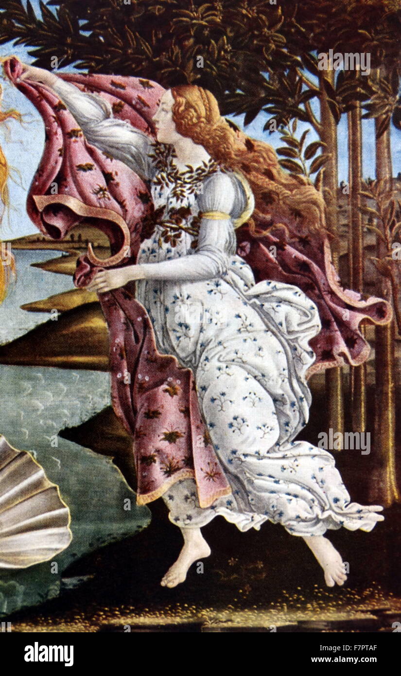 Die Geburt der Venus (Detail), von Sandro Botticelli, italienischer Maler, ca. 1445-1510. Er gehörte zu der frühen Renaissance, Florentiner Schule unter der Schirmherrschaft von Lorenzo de' Medici. Die Geburt der Venus (Nascita di Venere) von Sandro Botticelli im Allgemeinen gedacht, um in der Mitte 1480s gemalt worden sein. Es zeigt die Göttin Venus, haben als Erwachsene Frau, Ankunft an der Küste aus dem Meer entstanden. Stockfoto