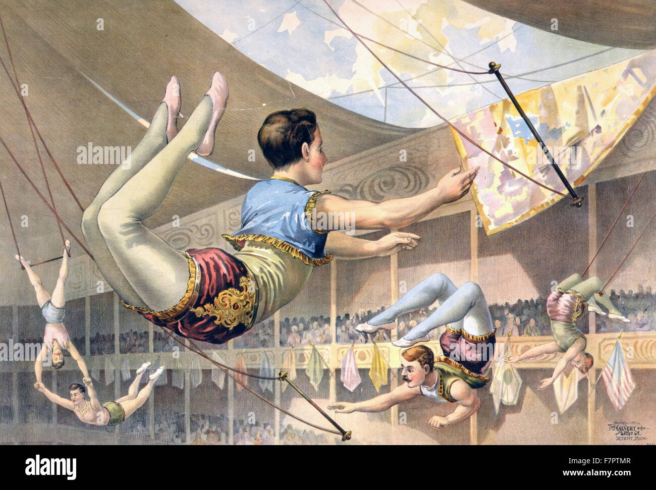 Fünf männliche Trapezkünstler in einem Zirkus c1890. Stockfoto