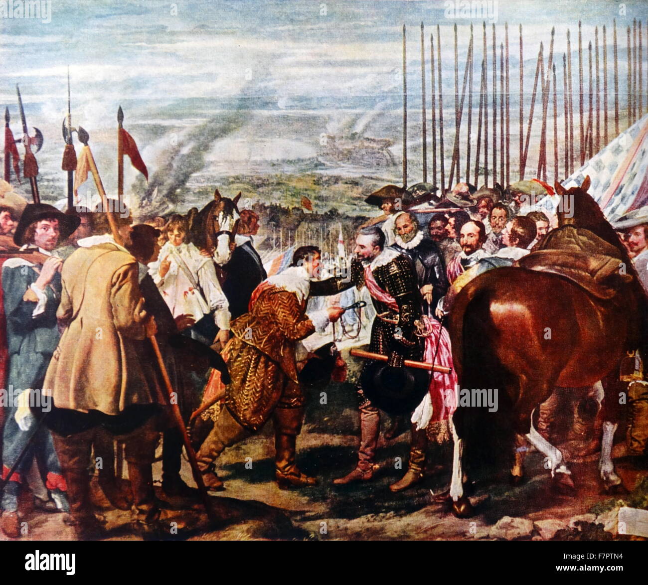 Die Übergabe von Breda, Gemälde von Diego Velázquez nach der Belagerung der Stadt im Jahre 1624. La ist Rendición de Breda (die Übergabe von Breda, auch bekannt als El Cuadro de las Lanzas oder Las Lanzas) ein Gemälde des spanischen goldenen Zeitalters Malers Diego Velázquez. Es wurde in den Jahren 1634 / 35, inspiriert von Velázquezs Reise nach Italien mit Ambrogio Spinola, der Genueser General vervollständigt, Breda am 5. Juni 1625 erobert. Stockfoto
