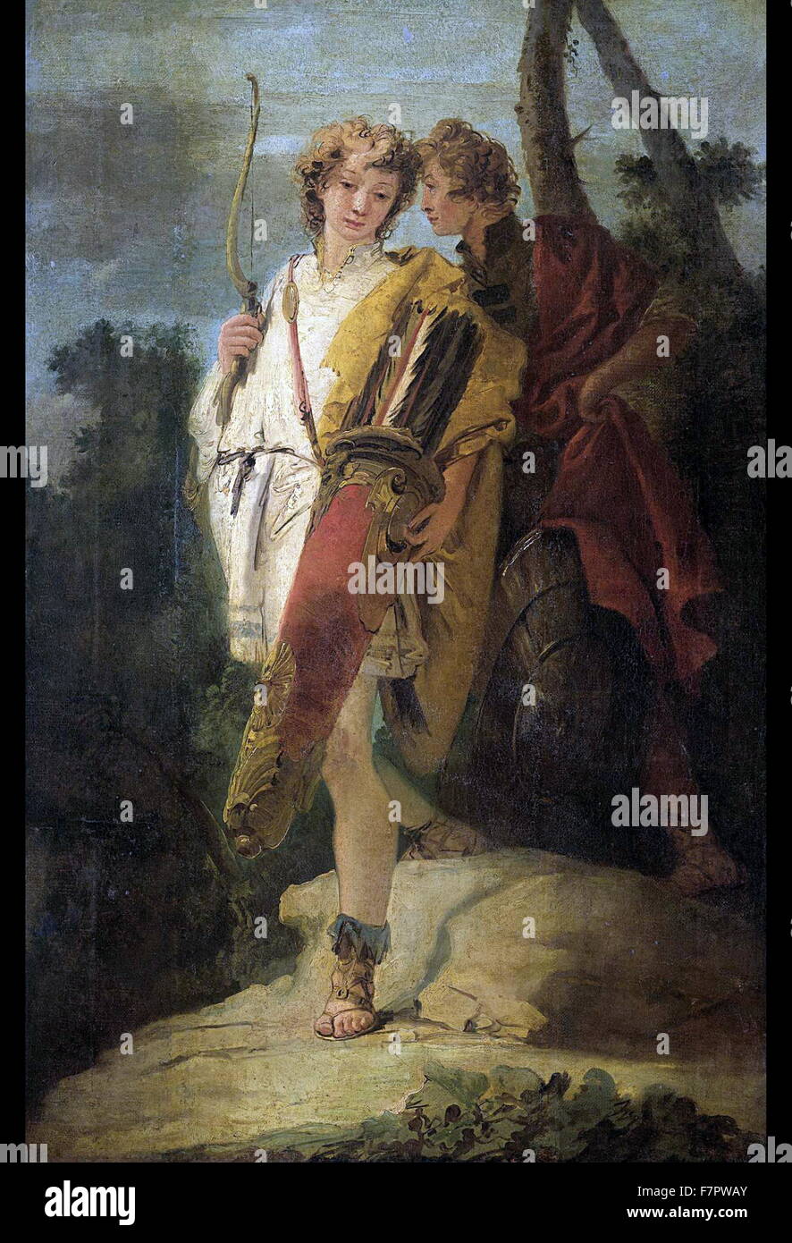Junger Mann mit Bogen und großer Köcher und seine Begleiter mit einem Schild "(auch bekannt als Telemachus und Mentor) von Giovanni Battista Tiepolo, 1750. Öl auf Leinwand. Stockfoto