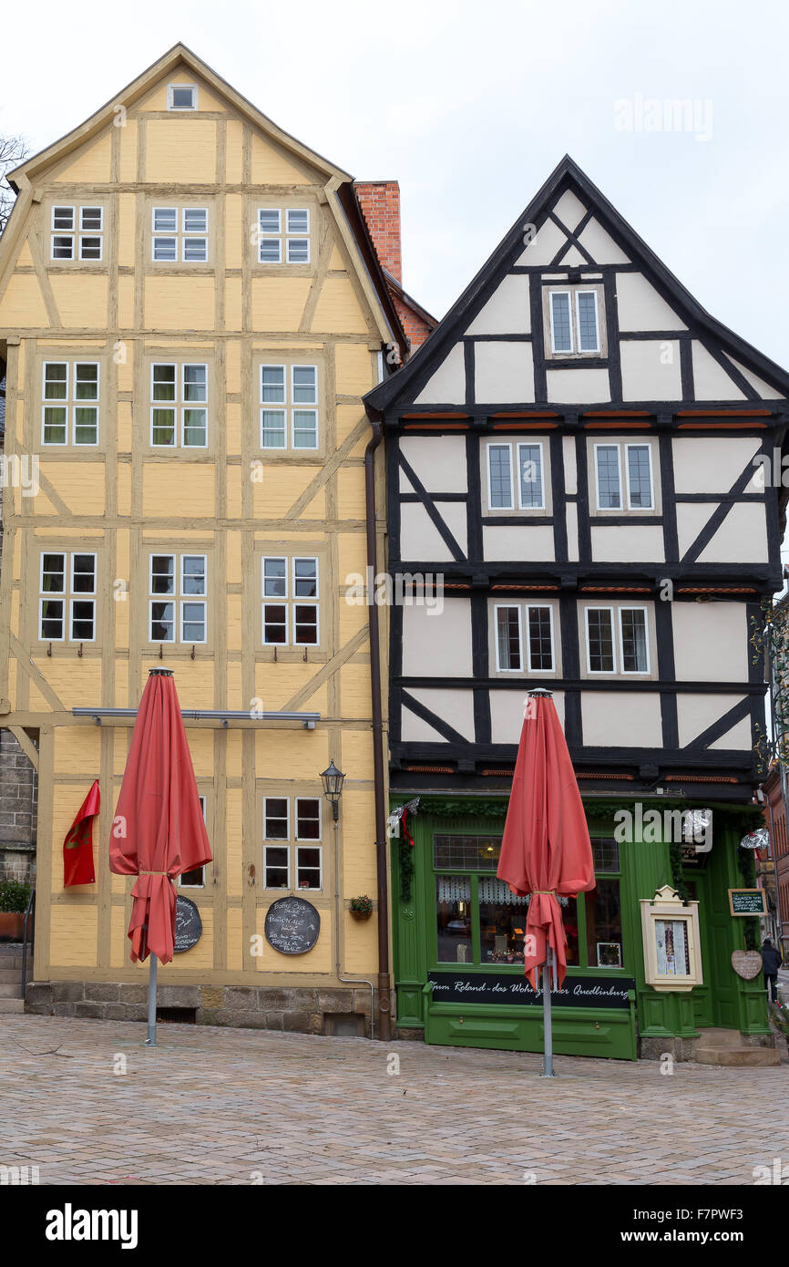 Alte Fachwerkhäuser in Quedlinburg, Deutschland Stockfoto