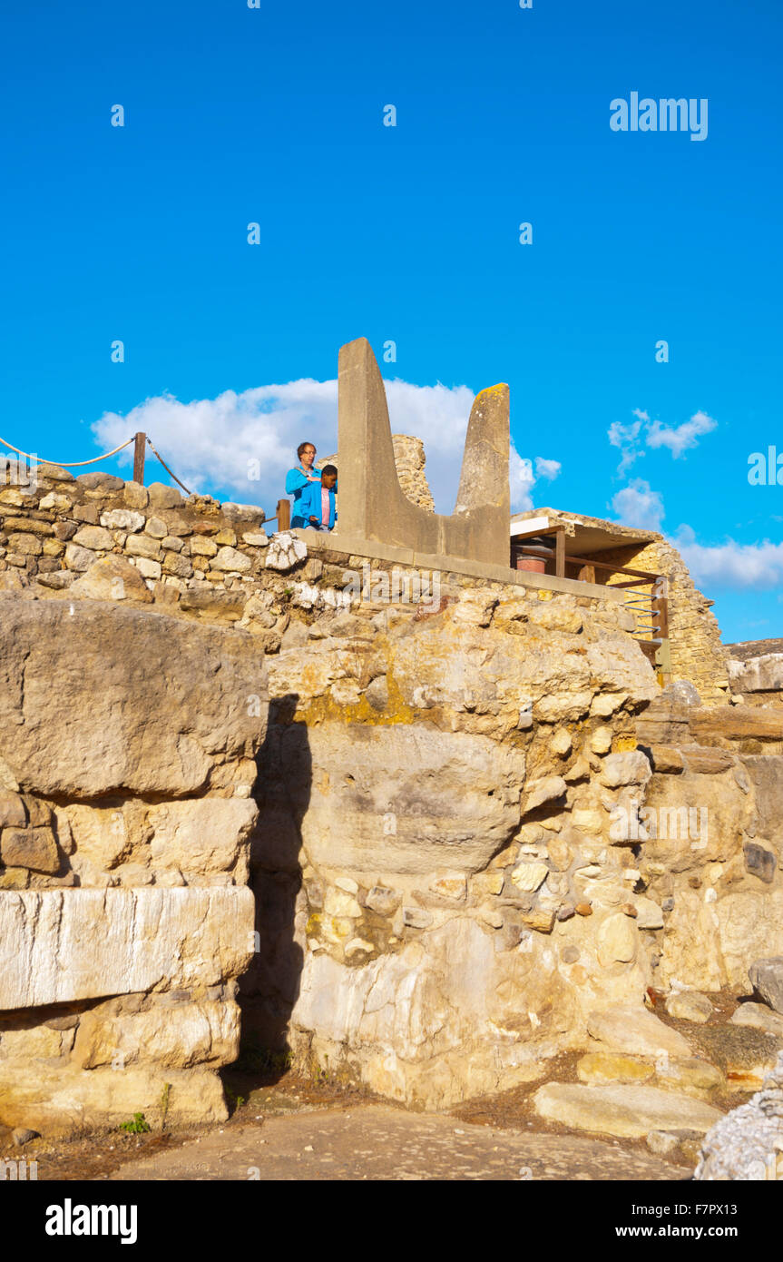 Knossos, mit Hörnern der Weihe, in der Nähe von Heraklion, Kreta, Griechenland Stockfoto