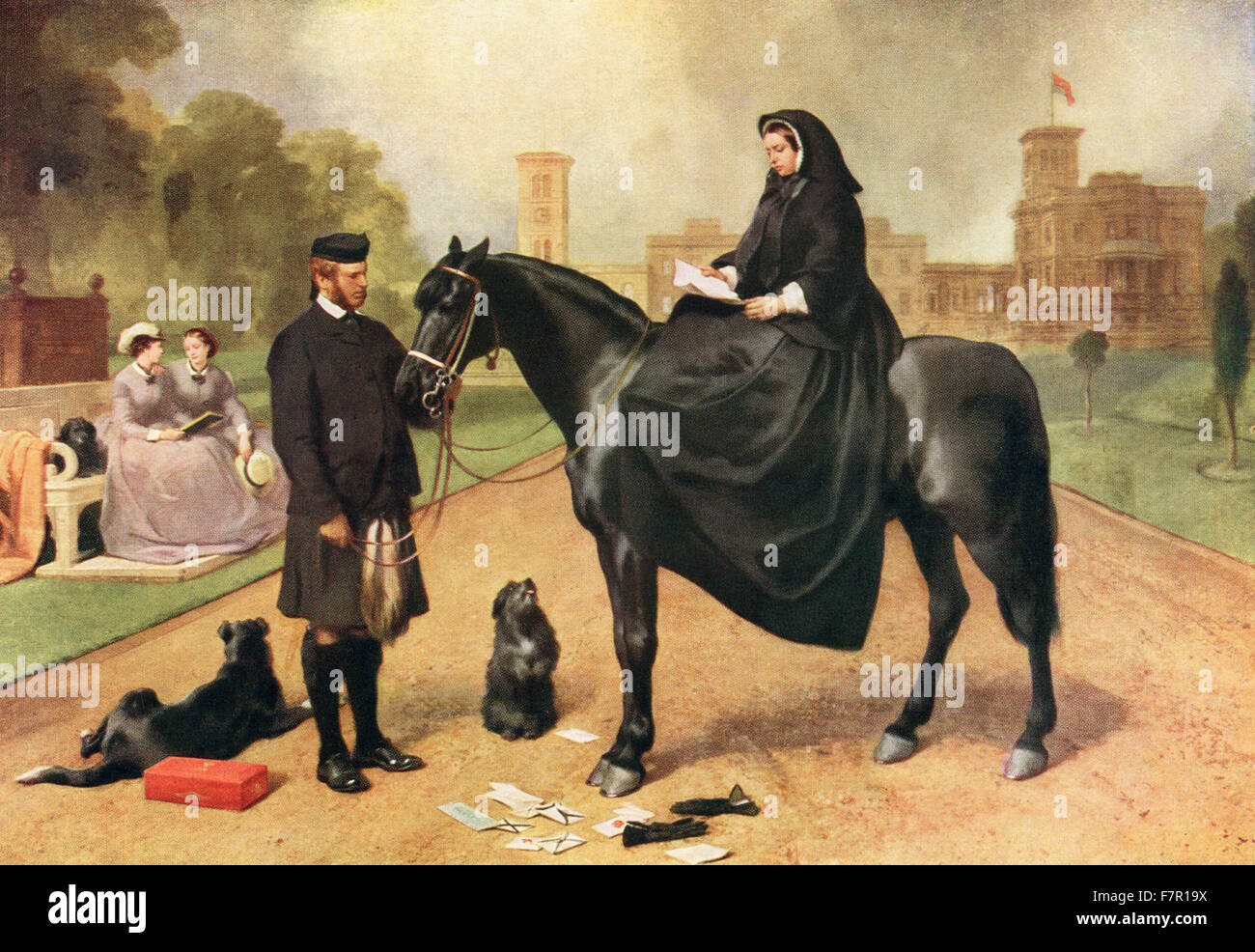 Königin Victoria im Osborne House, Isle Of Wight, England, 1865. Victoria, 1819 – 1901, Königin des Vereinigten Königreichs von Großbritannien und Irland.  Sie sitzt auf ihrem Pony Flora, die durch ihre Ghillie John Brown gehalten wird.  Nach dem Gemälde von Sir Edwin Landseer. Stockfoto