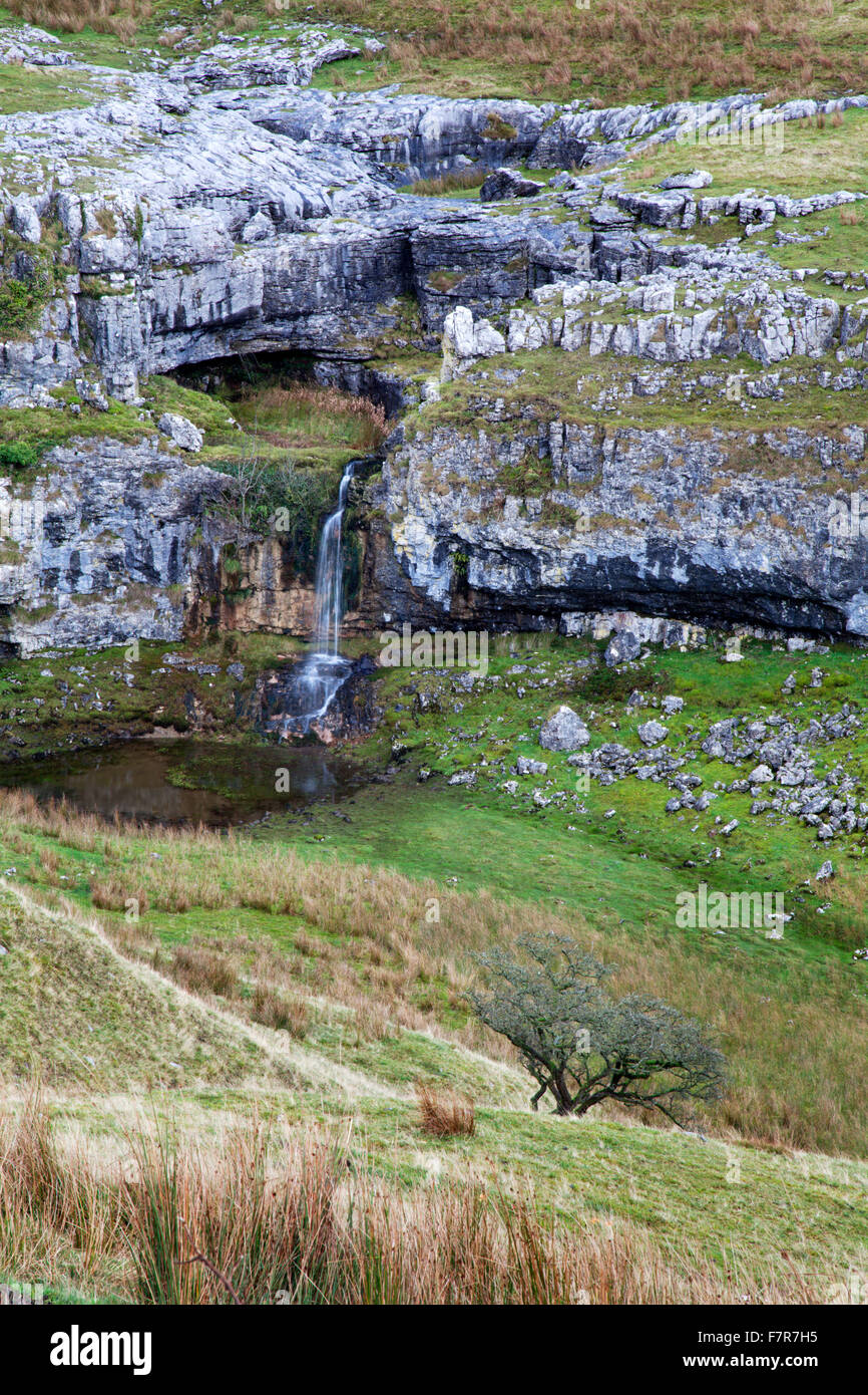 Wasserfall und Kalksteinfelsen unten Stift Y Gent von Horton Narbe Lane Horton in Ribblesdale North Yorkshire England Stockfoto