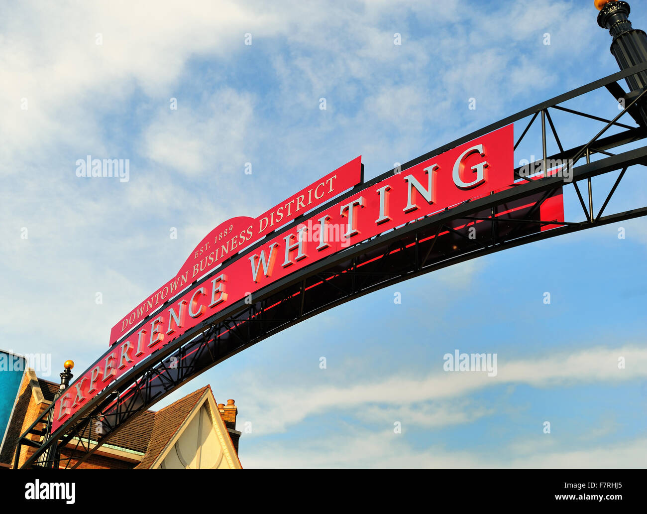 Ein willkommenes Zeichen, definiert auch die Innenstadt von Wittling, Indiana, USA. Stockfoto