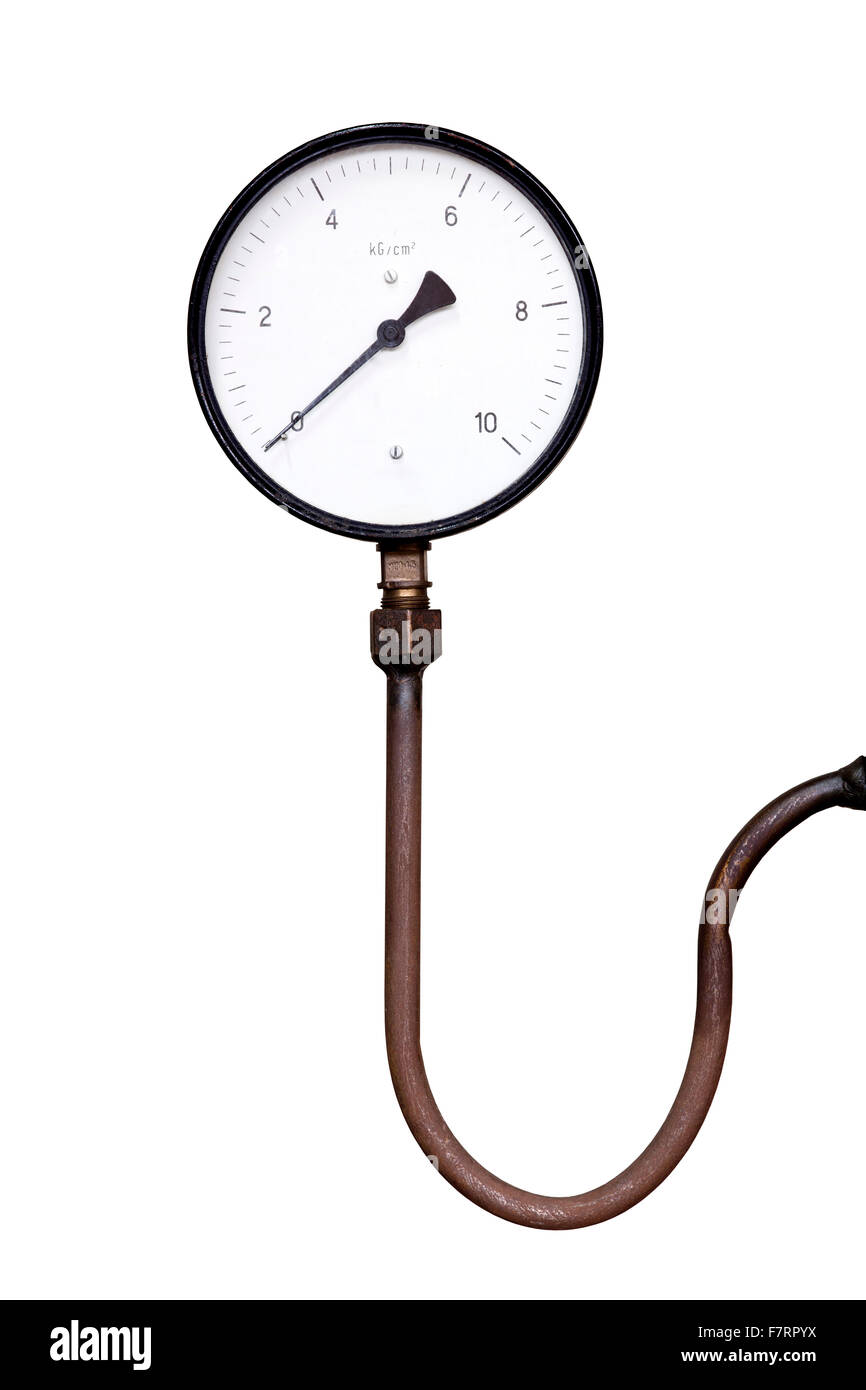 Manometer mit Schlauch isoliert auf weißem Hintergrund, Messung der Uhr Stockfoto