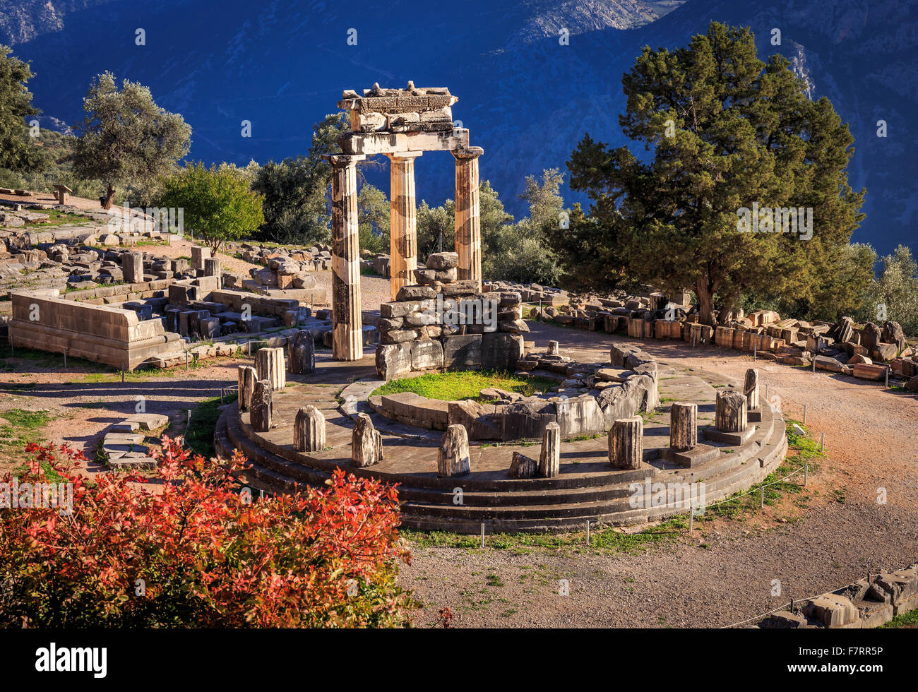 Athina Pronaia Tempel in Delphi, antike Ruinen Stockfoto