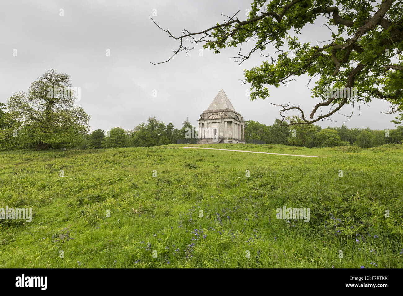 Cobham Holz und Mausoleum, Kent. Einst Teil der Darnley Familie Estate, der Wald öffnet sich auf das Mausoleum, entworfen von James Wyatt. Stockfoto