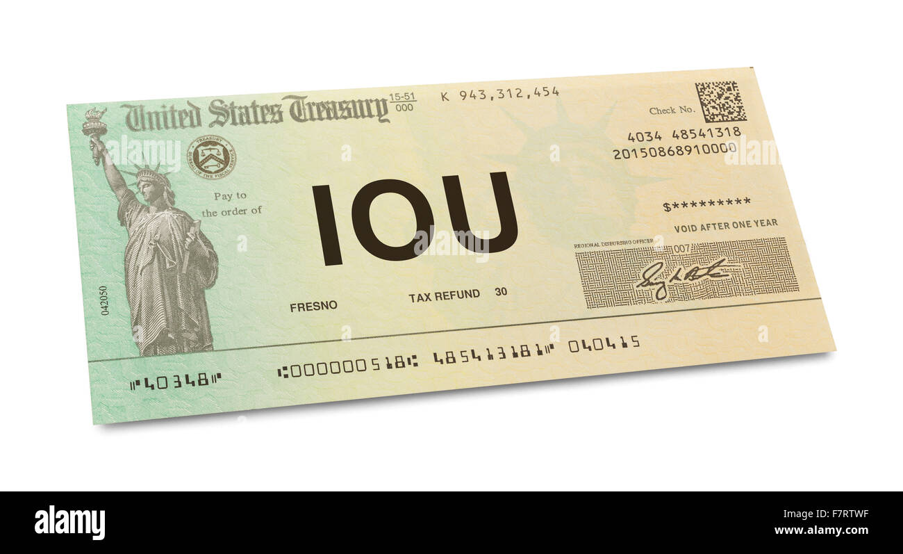 US-Steuererklärung-Check mit IOU drauf, Isolated on White Background. Stockfoto