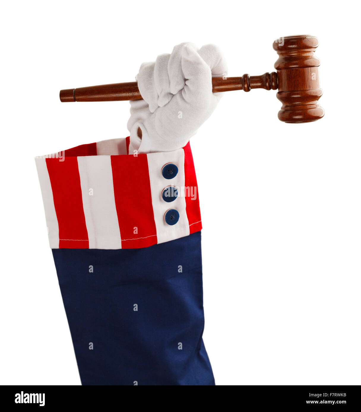 Uncle Sam hält Holz Hammer, Isolated on White Background. Stockfoto