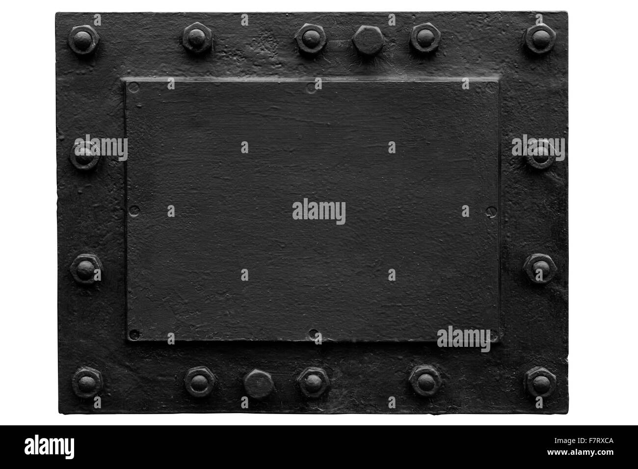 schwarze Metallplatte isoliert auf weißem Hintergrund Stockfoto