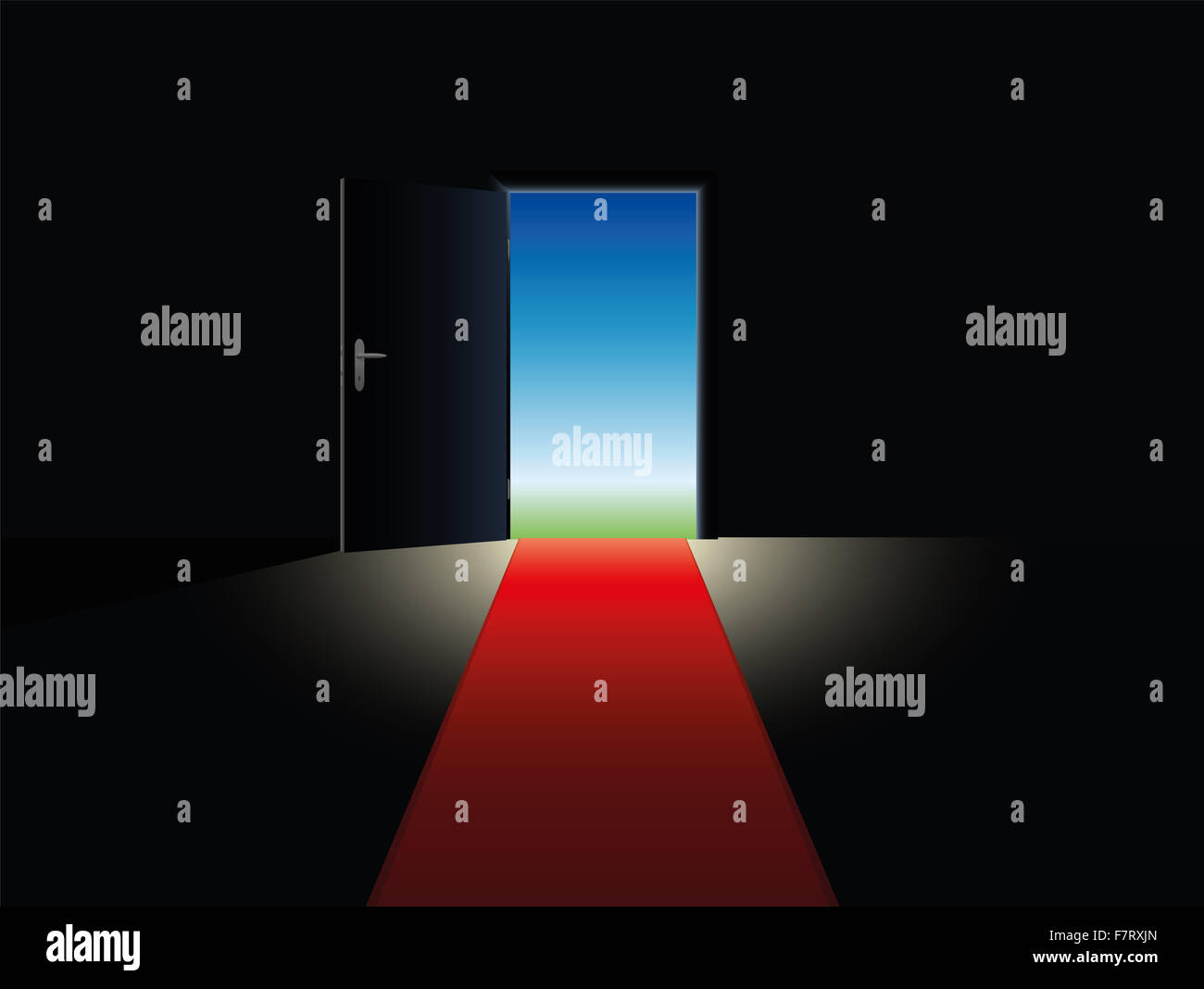 Freiheit mit einem roten Teppich führt zu einer offenen Tür symbolisiert. Stockfoto