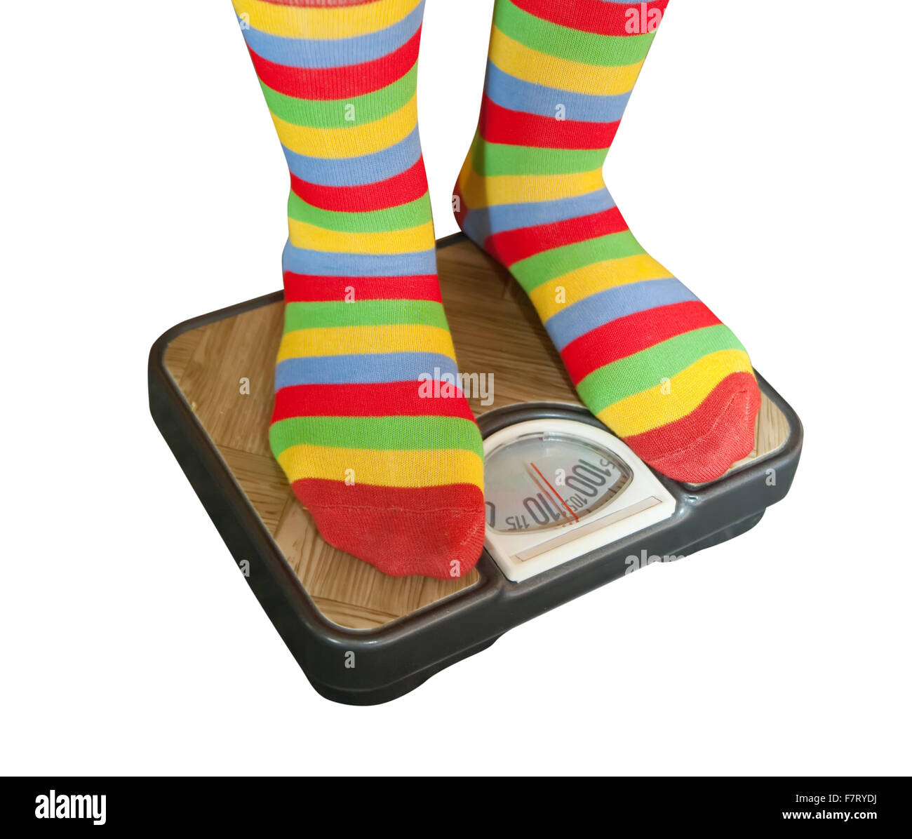 Frau mit einem Gewicht von selbst auf eine Personenwaage Stockfoto