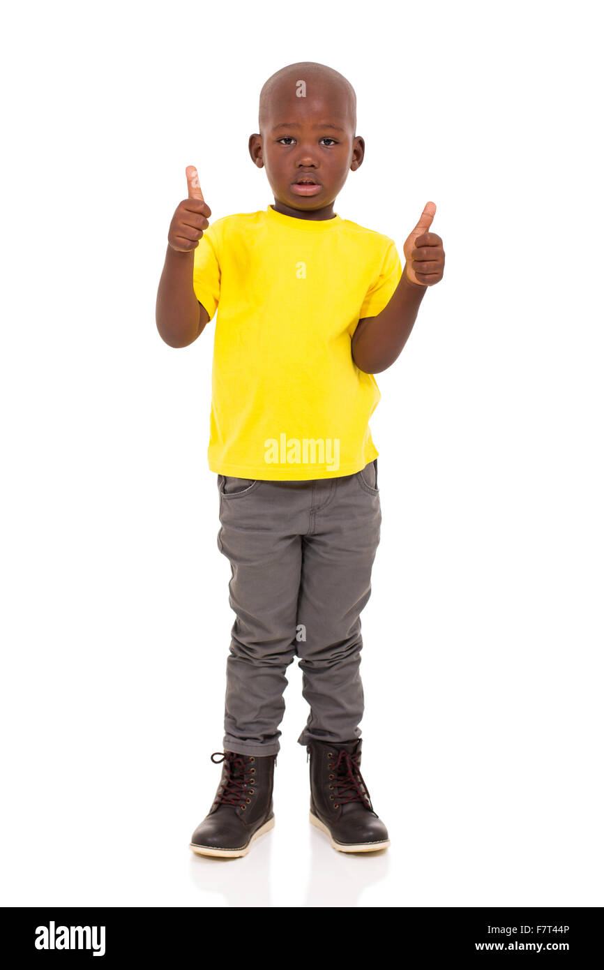 African American Boy Daumen aufgeben auf weißem Hintergrund Stockfoto