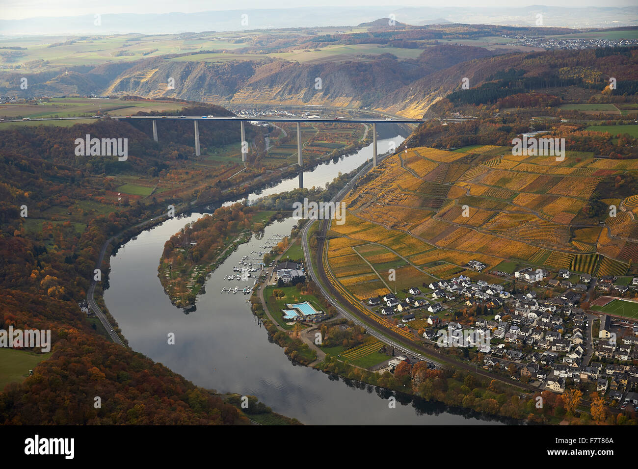 Autobahnbrücke A61 über die Mosel in Winningen, Rheinland-Pfalz, Deutschland Stockfoto