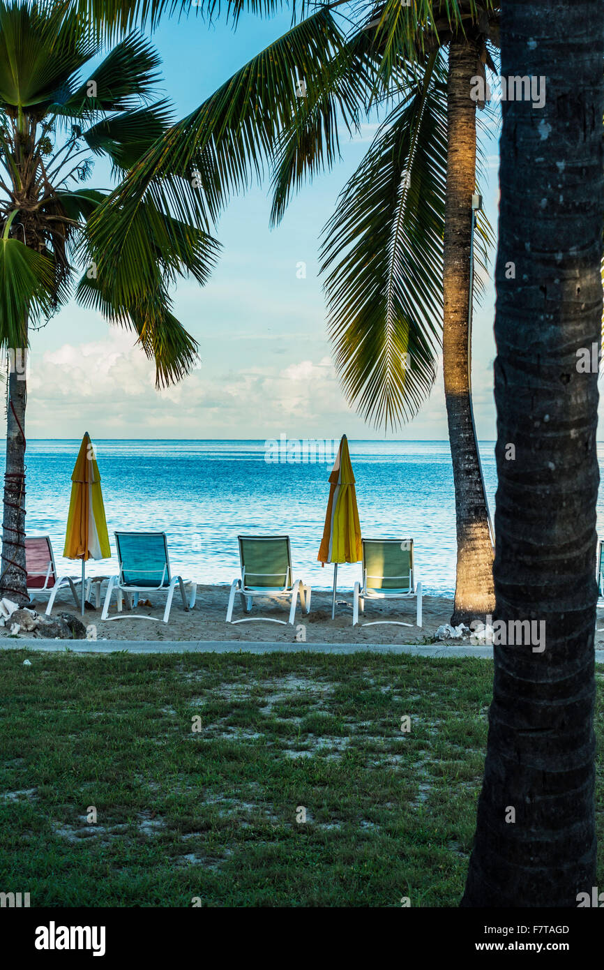 Ein Blick auf den mit Palmen gesäumten Strand und Karibik während des Abends von den Häuschen am Meer Resort auf St. Croix, US Virgin Islands. USVI, U.S.V.I. Stockfoto