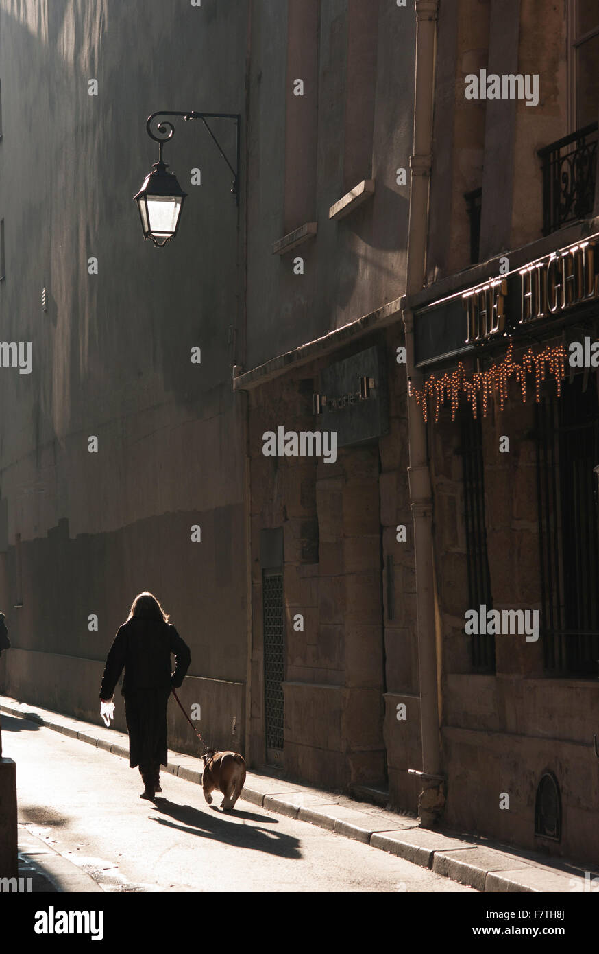 Frankreich, Paris, Woman walking Hund auf mittelalterlichen Straße am linken Ufer Stockfoto