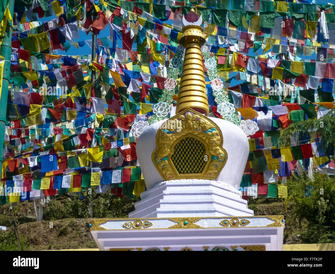 Gebetsfahnen am Stupa in Dharamsala, Indien Stockfoto