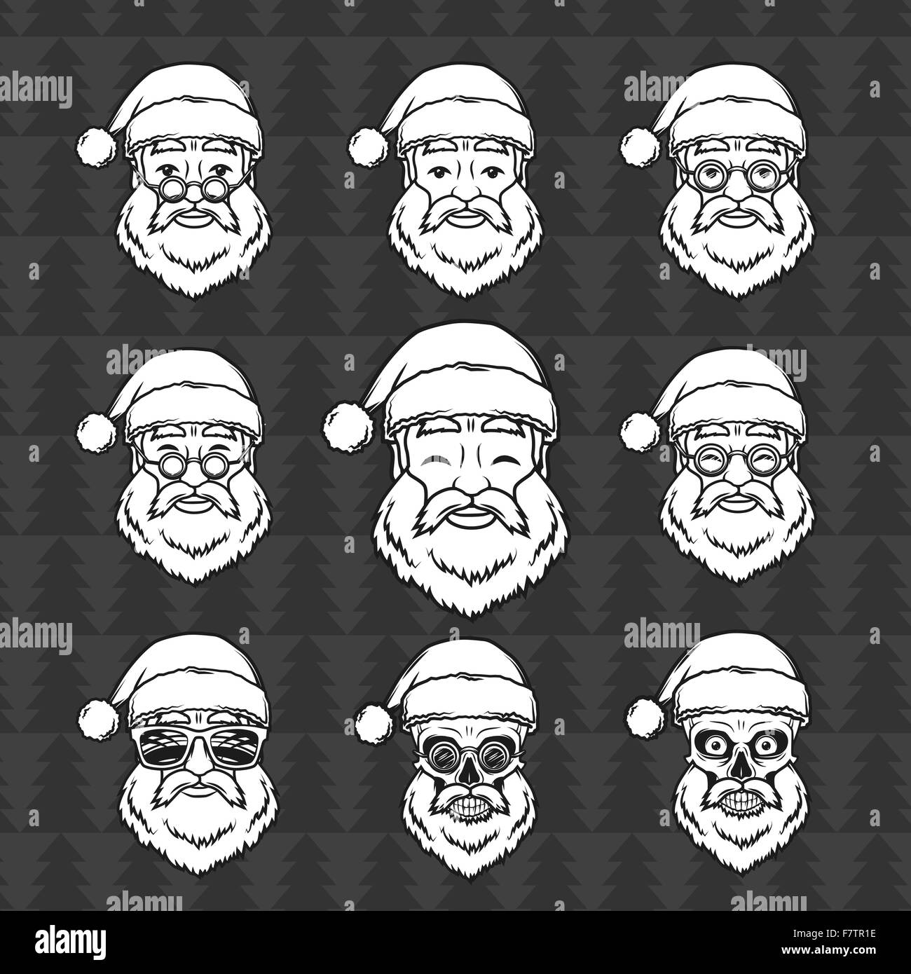 Satz von lächelnden Weihnachtsmann Gesicht mit runden Gläsern. Happy New Year Design-Elemente. Vintage Xmas-Maske. Weihnachten T-shirt Illustration. Stock Vektor Satz von lächelnden Weihnachtsmann Gesicht mit runden Gläsern. Happy New Year Design-Elemente. Vintage Xmas-Maske. Weihnachten T-shirt Illustration. Stock Vektor