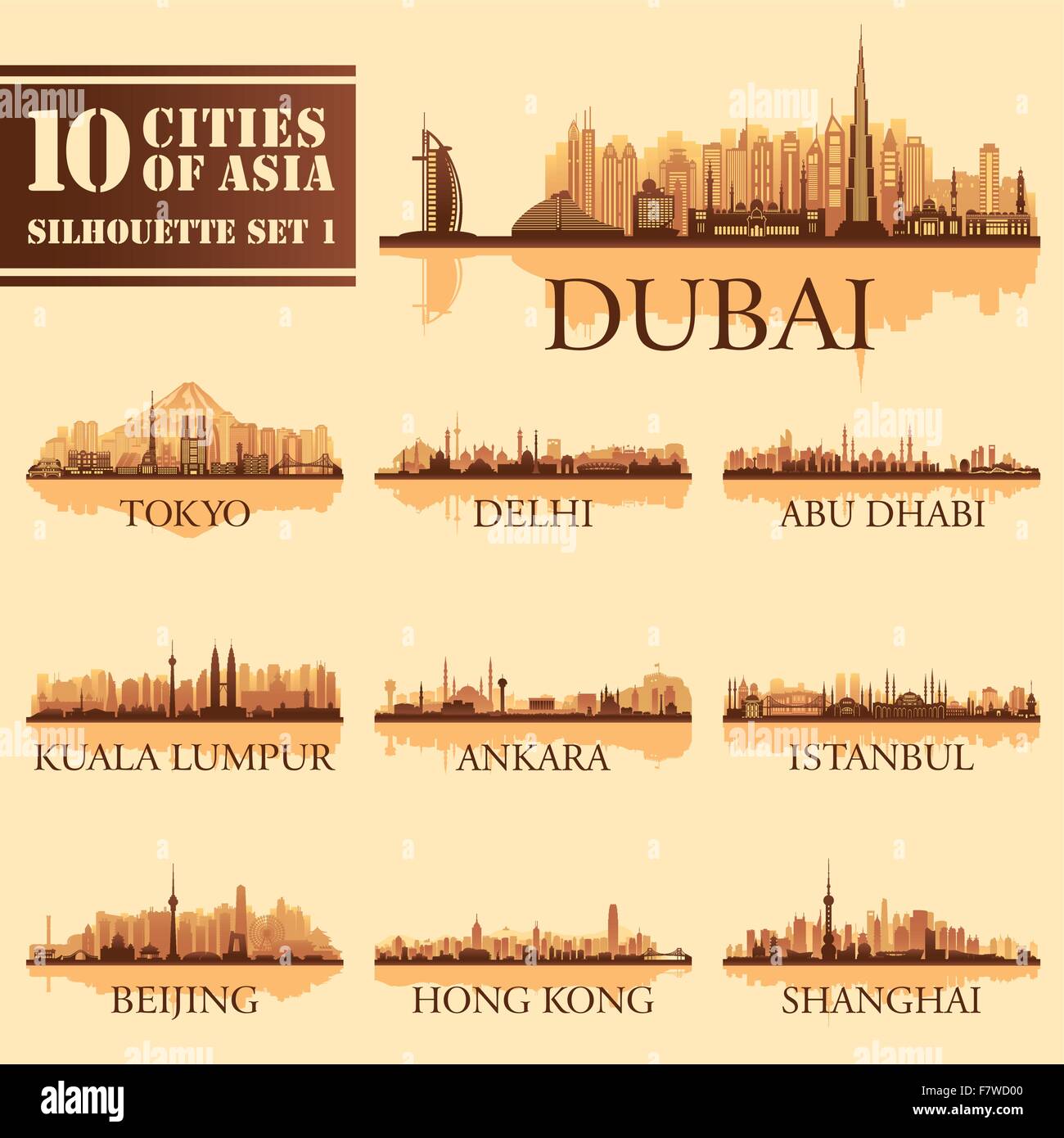 Satz von Skyline Städte Silhouetten. 10 Städte Asiens 1 Stock Vektor