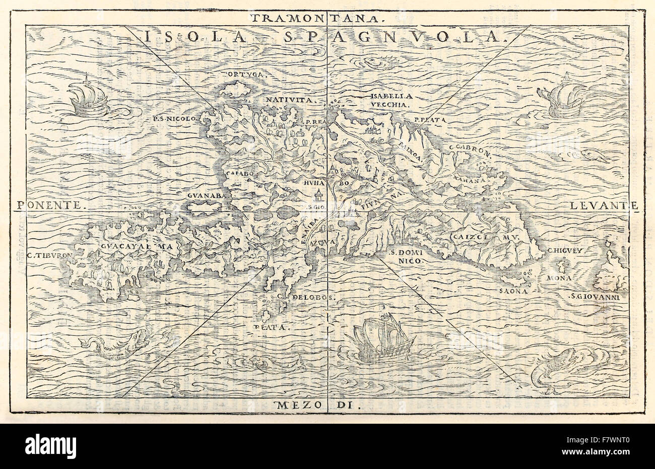'Isola Spagnvola' Karte von der Insel Hispaniola, jetzt Haiti und der Dominikanischen Republik. Holzschnittdruck von "Delle Navigationi et Viaggi" von Giovanni Battista Ramusio (1485-1557). Siehe Beschreibung weitere Informationen Stockfoto