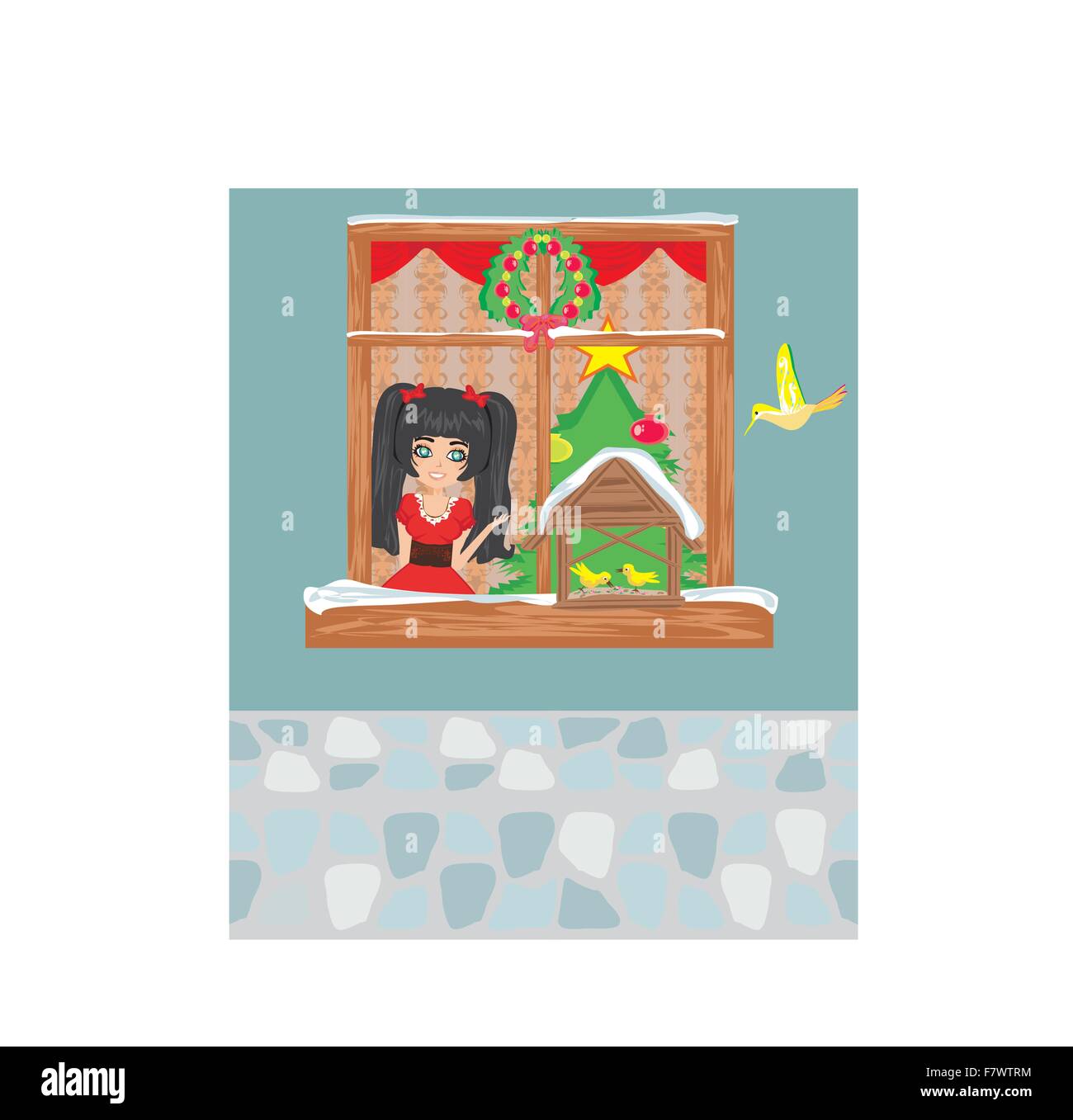 Mädchen füttert die Vögel im winter Stock Vektor