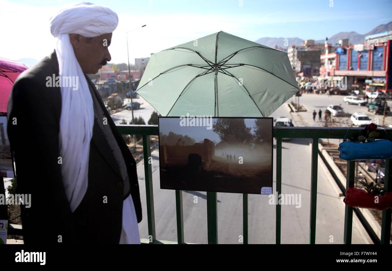 Kabul, Afghanistan. 3. Dezember 2015. Ein afghanischer Mann betrachtet ein Foto während einer ökologischen Fotoausstellung in Kabul, Afghanistan, 3. Dezember 2015. Die Ausstellung soll Menschen ermutigen zum Schutz der Umwelt und der Natur dankbar sein. © Omid/Xinhua/Alamy Live-Nachrichten Stockfoto