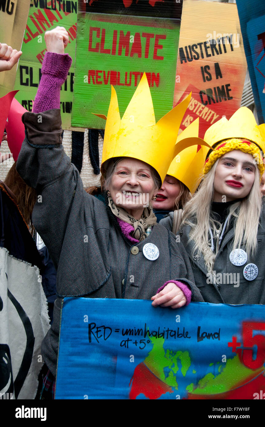 März auf Nachfrage Maßnahmen weltweite führenden zur Bekämpfung des Klimawandels. Vivienne Westwood, Klima-Aktivist und Freunde Stockfoto