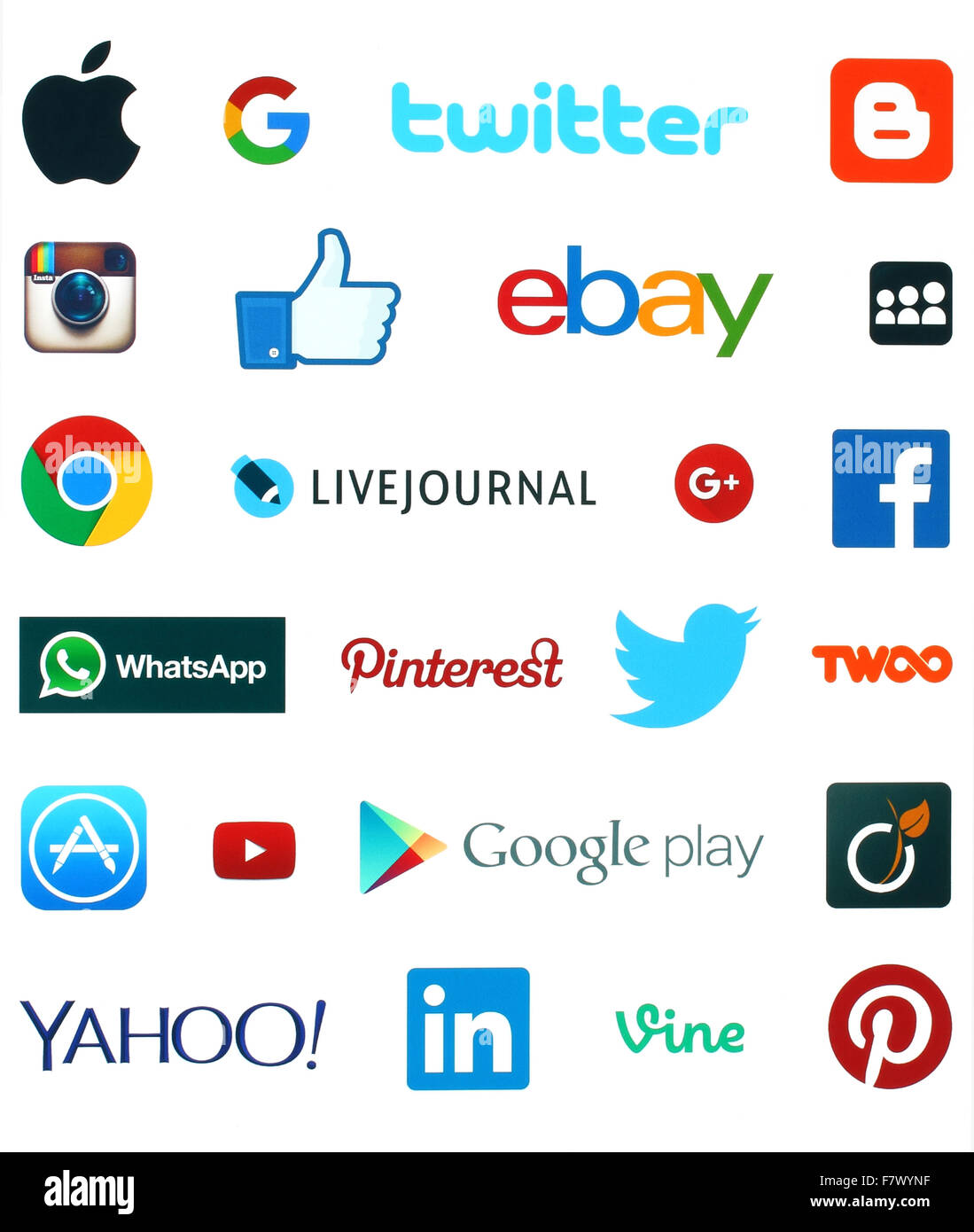 Kiew, UKRAINE - Twitter 19. SEPTEMBER 2015:Collection der populären social-Media-Logos: Facebook, Google Plus, Instagram... Stockfoto