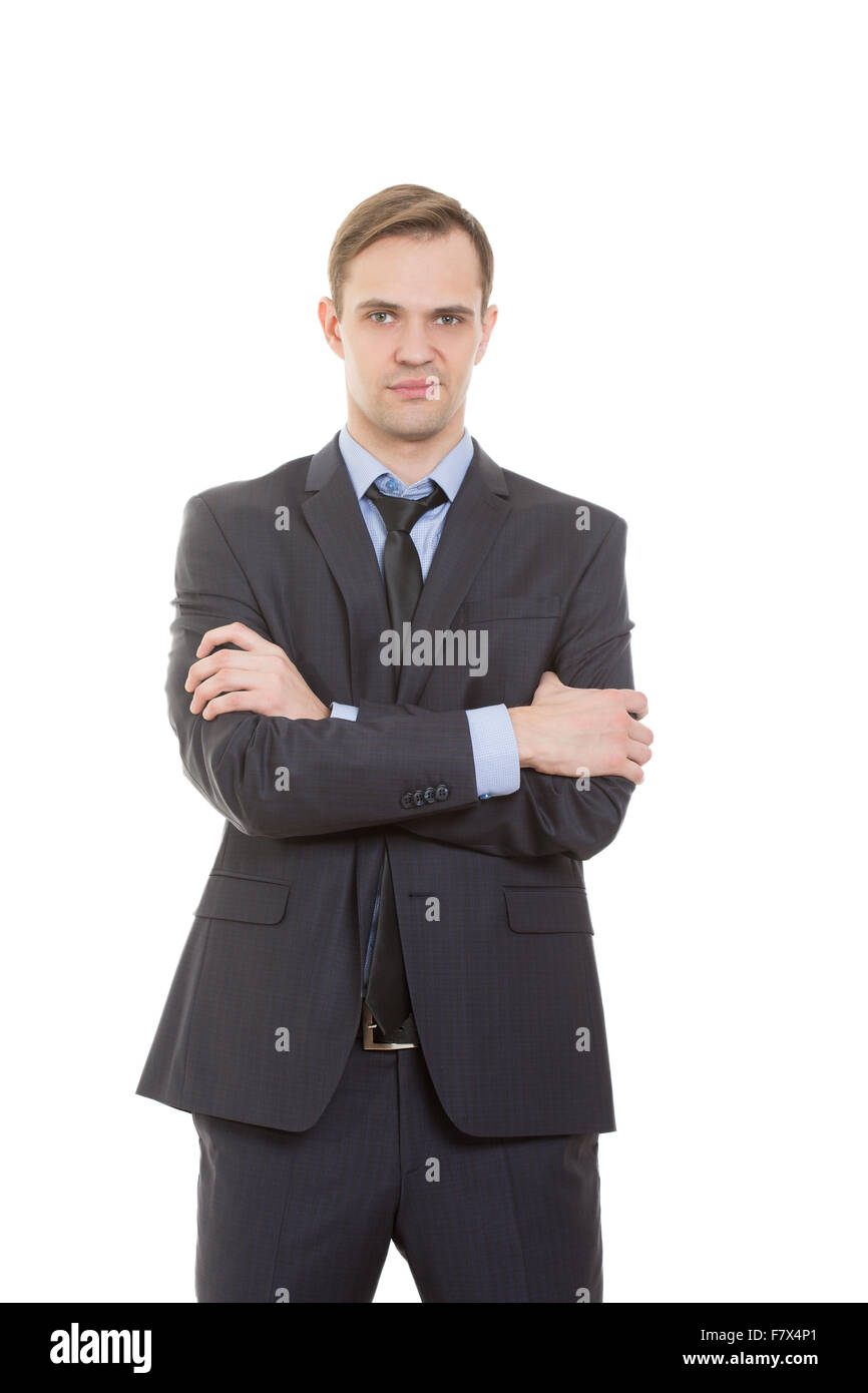 Körpersprache. Mann im Business Anzug isolierten weißen Hintergrund. Ausbildung von Managern. Verkaufsagenten. Gesten der Arme und Hände.  verschränkten Armen Stockfoto