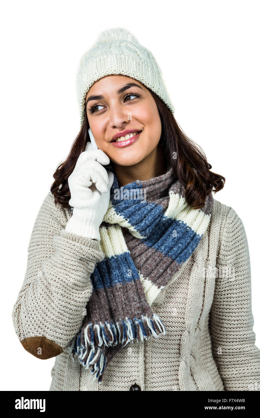 Festliche Brünette tätigen eines Anrufs Stockfoto