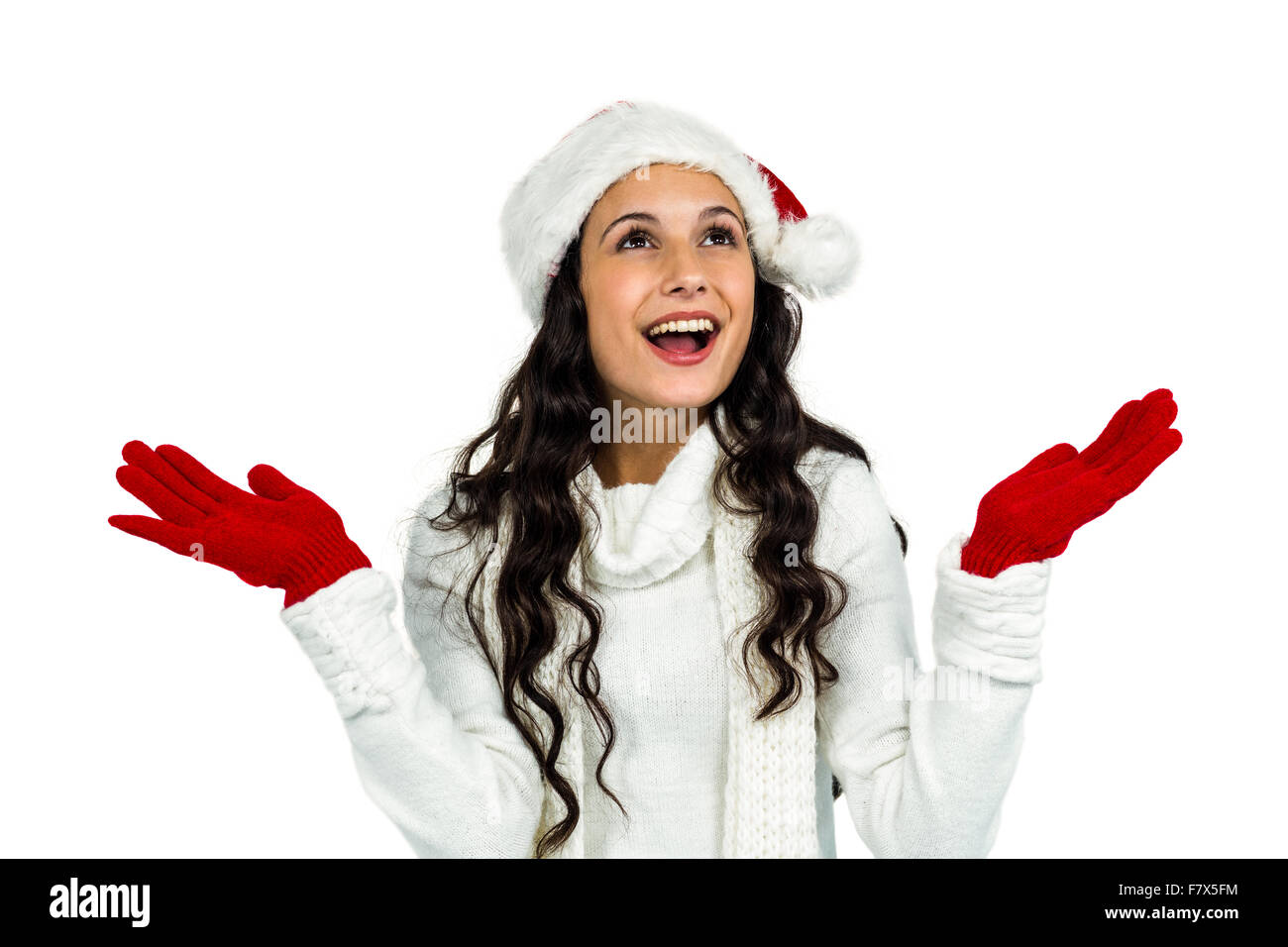 Attraktive Frau mit roten Handschuhen mit erhobenen Händen nachschlagen Stockfoto