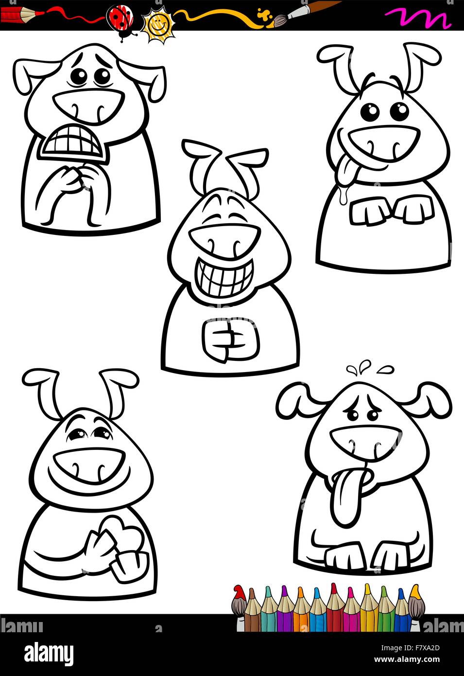 Hund Emotion setzen Cartoon Malbuch Stock Vektor
