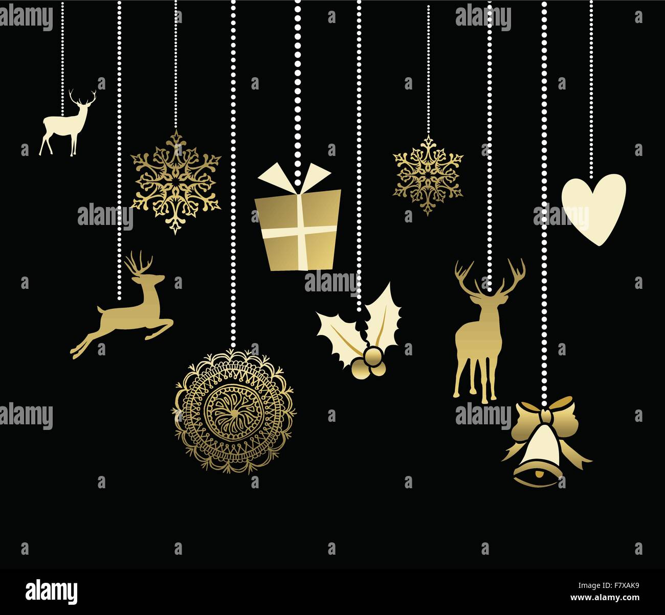 Urlaub hängende Dekoration in gold Farbe mit niedlichen Rentier, Schnee, Herz und Holly Elementen. ideal für Weihnachtsgrußkarte Stock Vektor