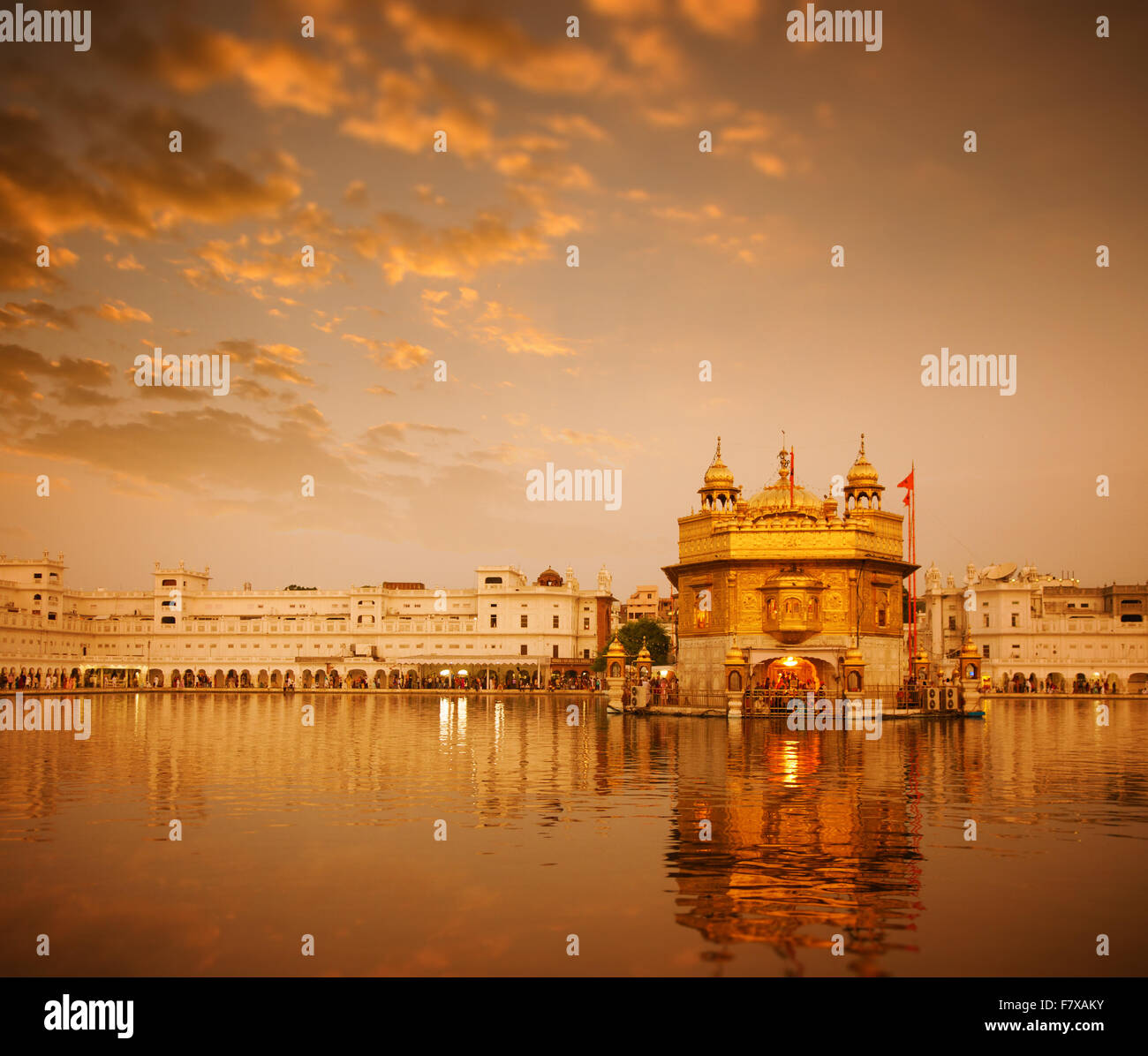Sonnenaufgang am goldenen Tempel in Amritsar, Punjab, Indien. Stockfoto